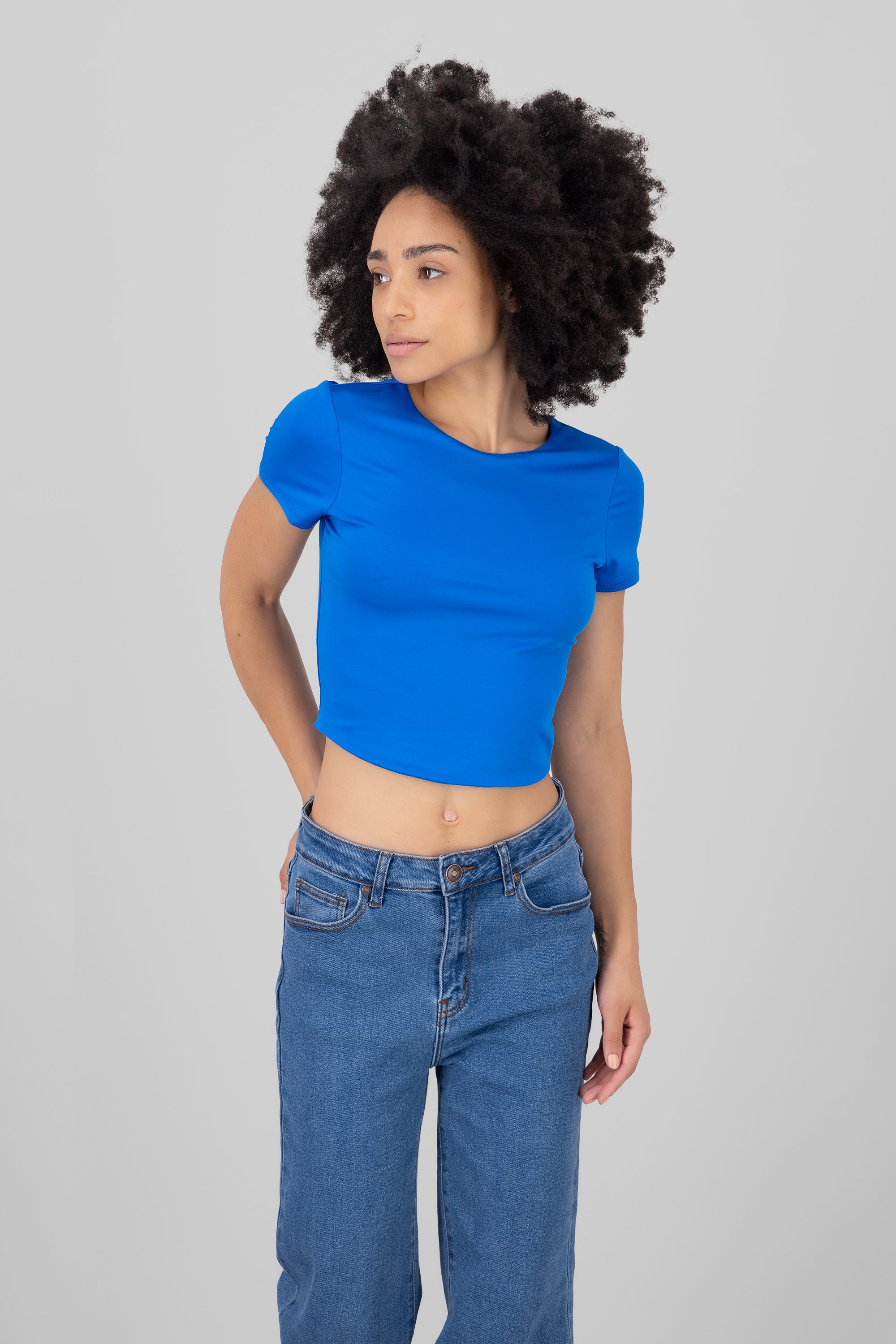 Top de doble tela con manga corta lisa AZUL