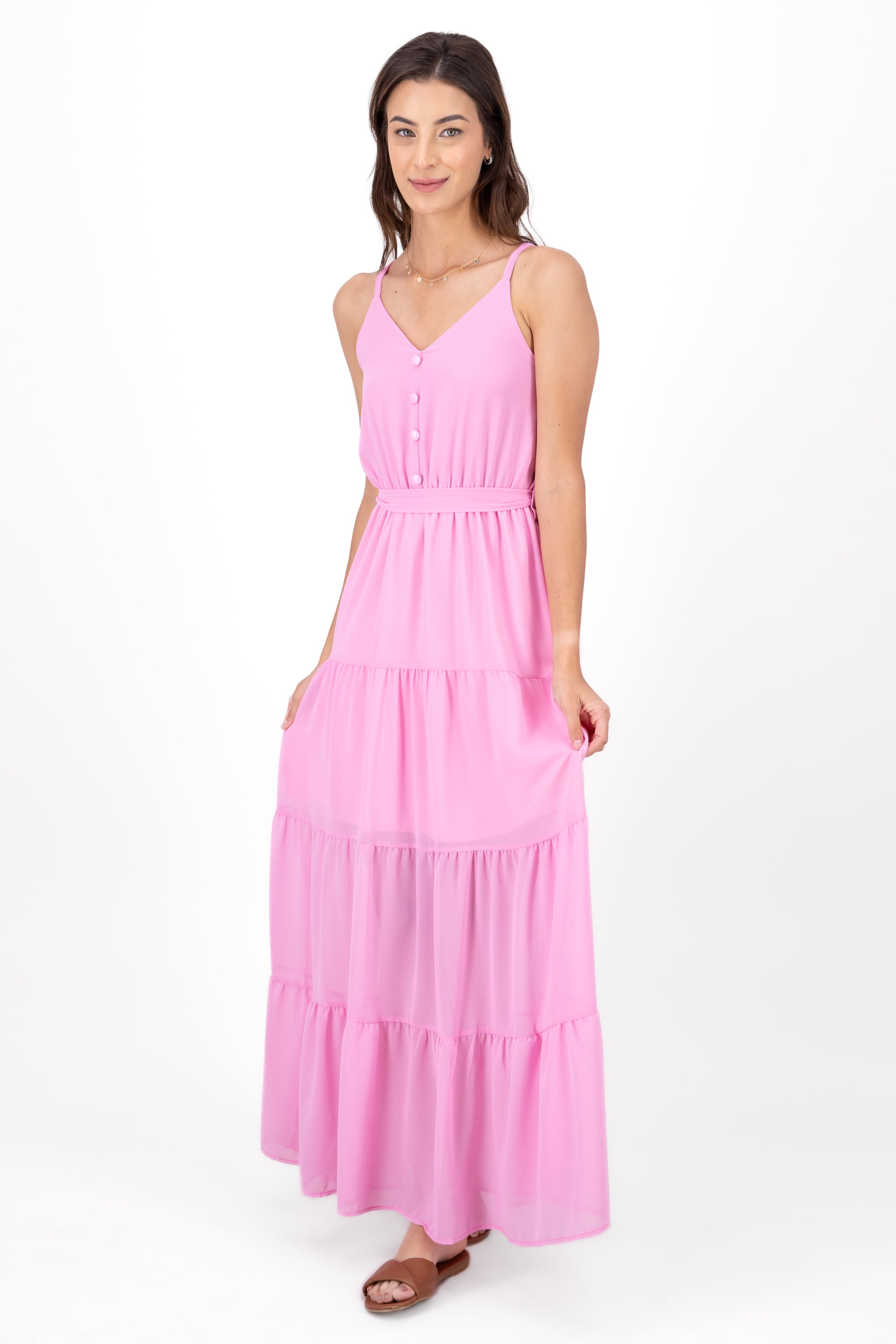 Vestido maxi moño detalle botones ROSA