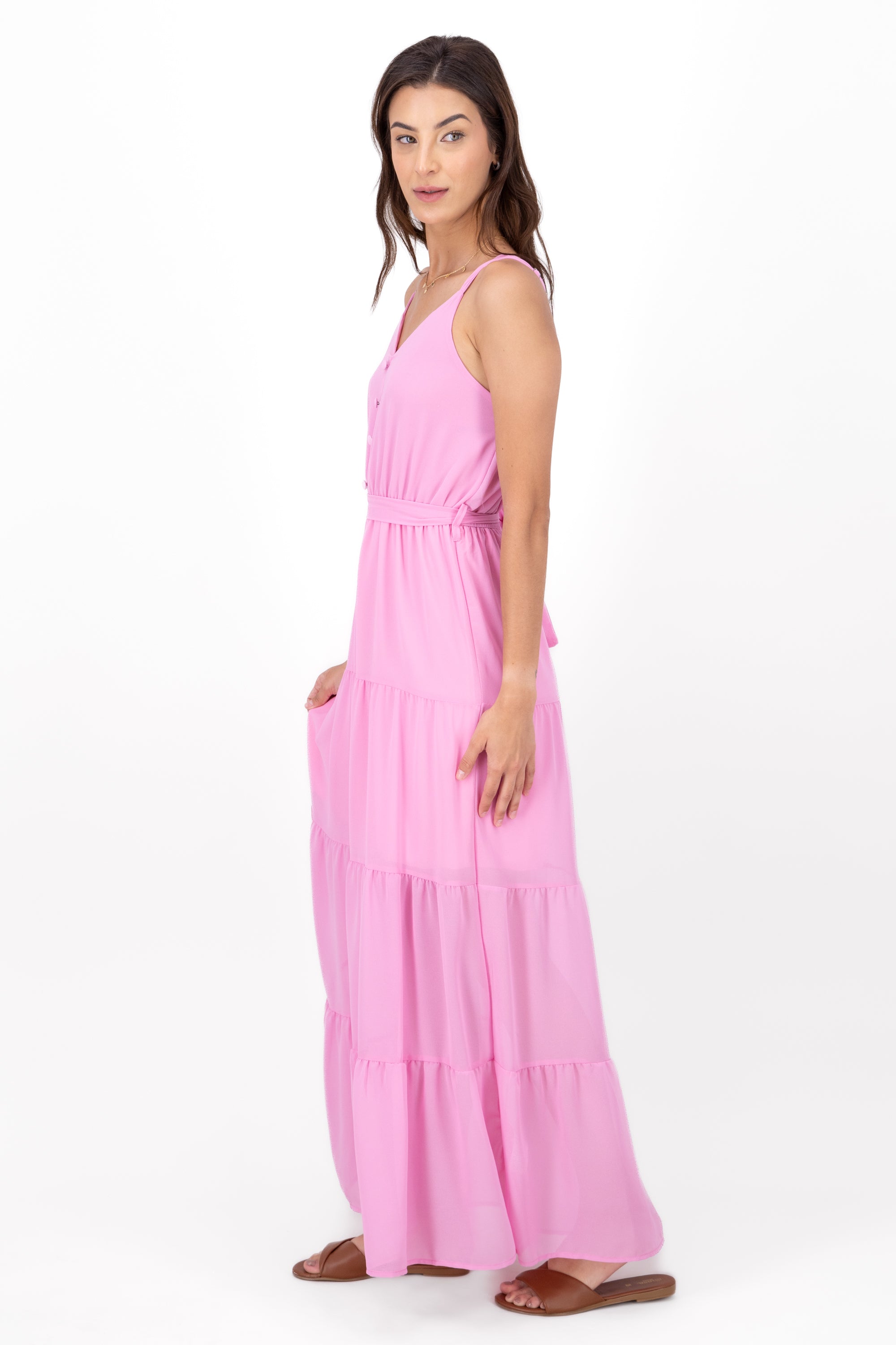 Vestido maxi moño detalle botones ROSA