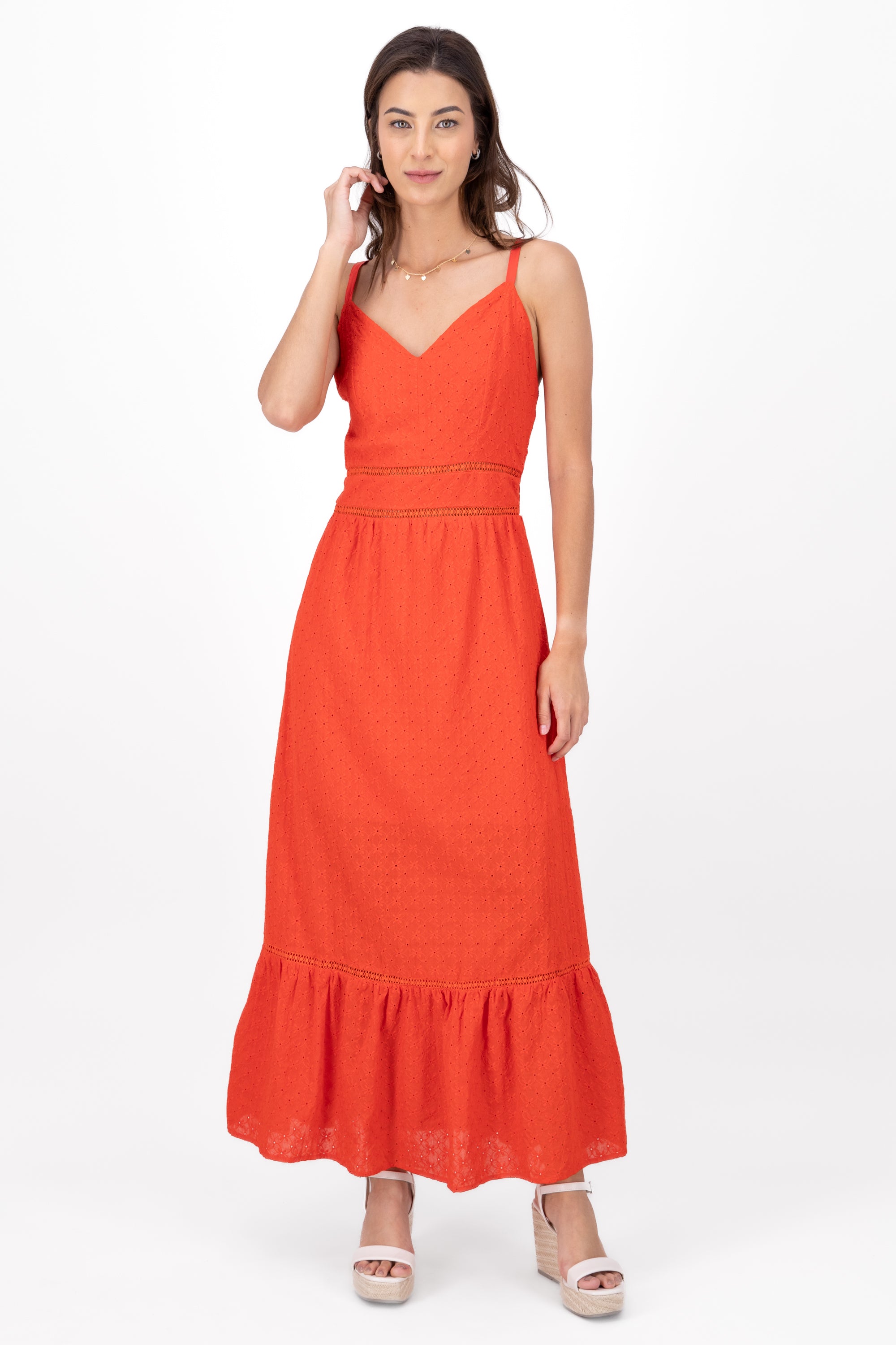 Vestido maxi eyelet escote v ROJO