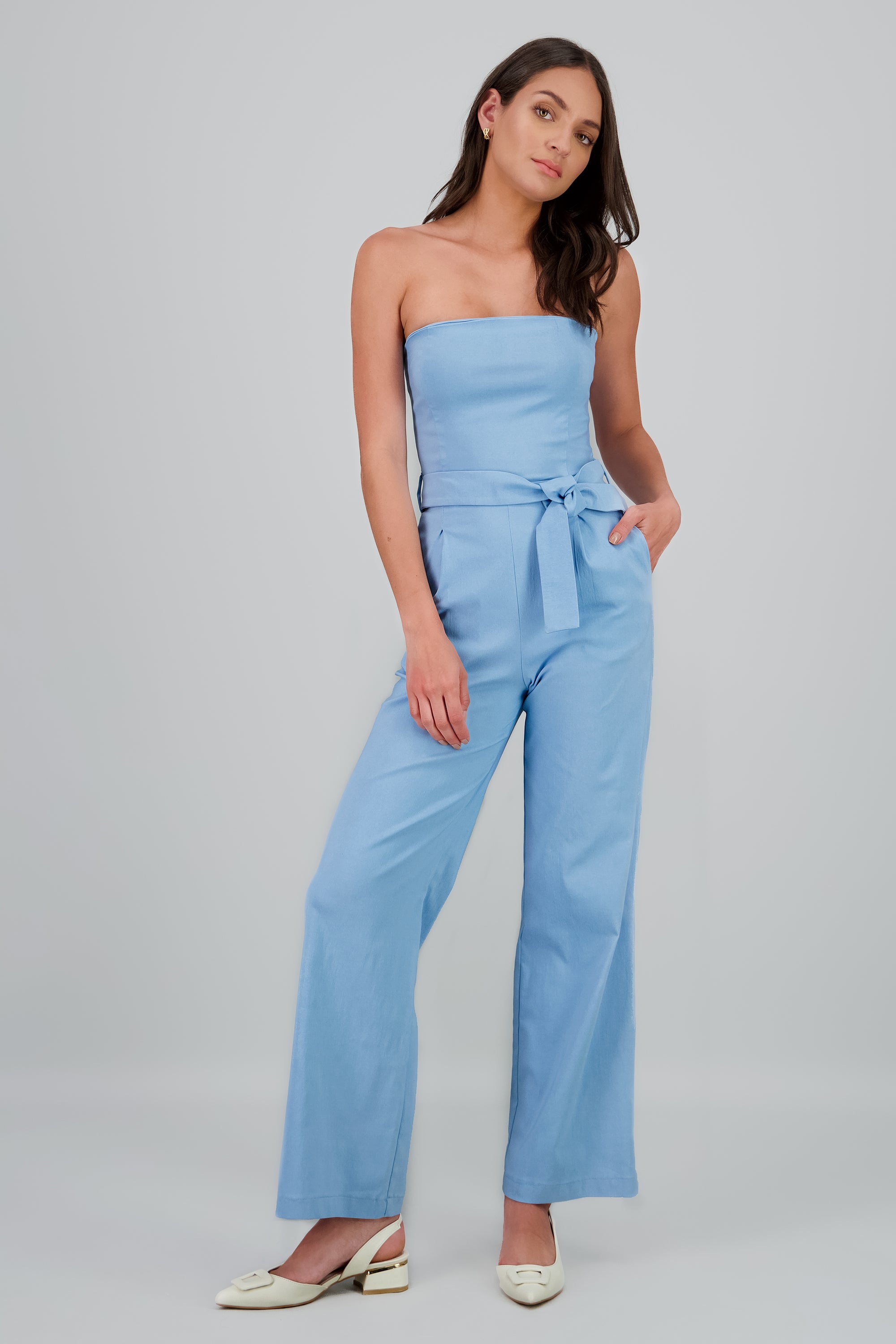 Jumpsuit strapless detalle cinturon AZUL CIELO