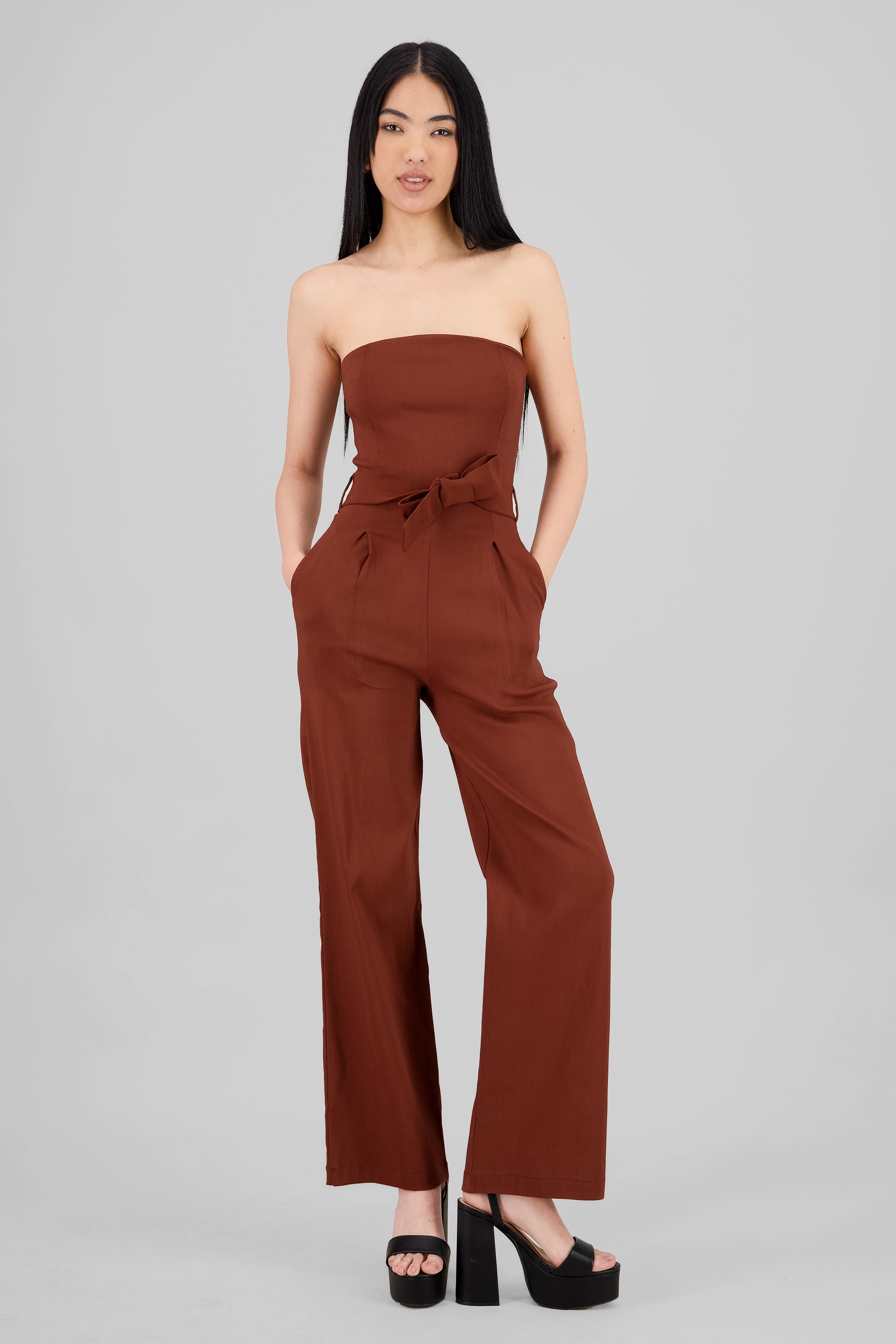 Jumpsuit strapless detalle cinturon CAFE