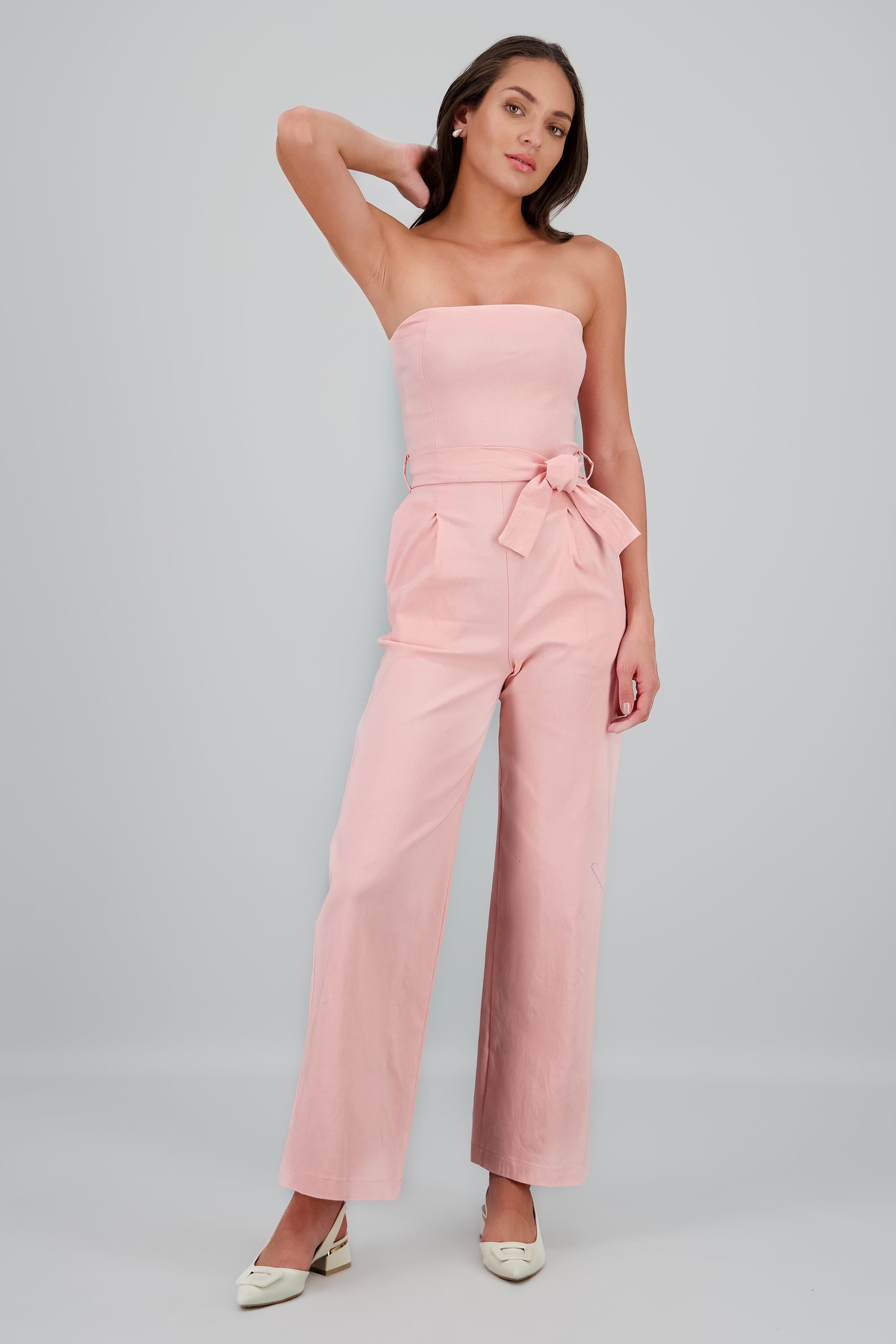 Jumpsuit strapless detalle cinturon ROSA PASTEL