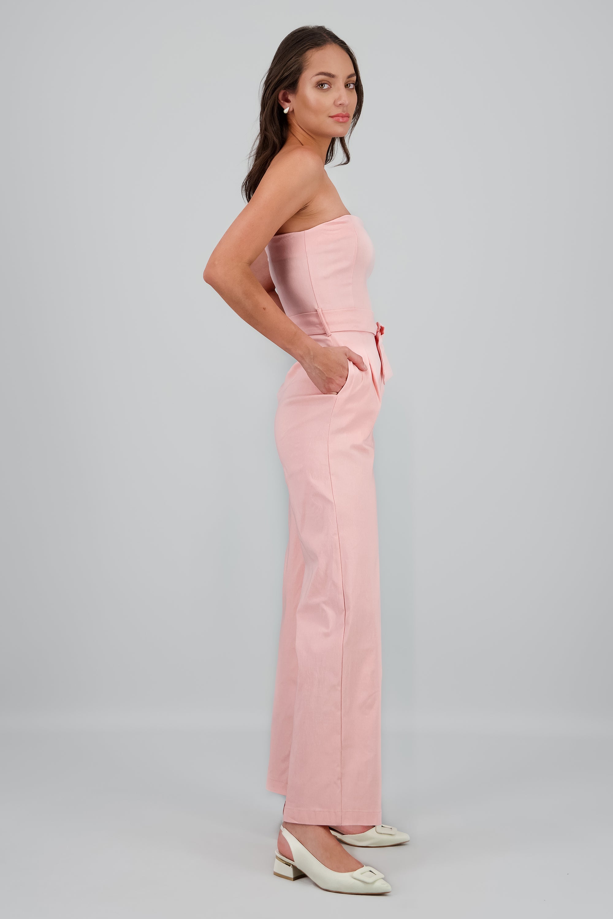 Jumpsuit strapless detalle cinturon ROSA PASTEL