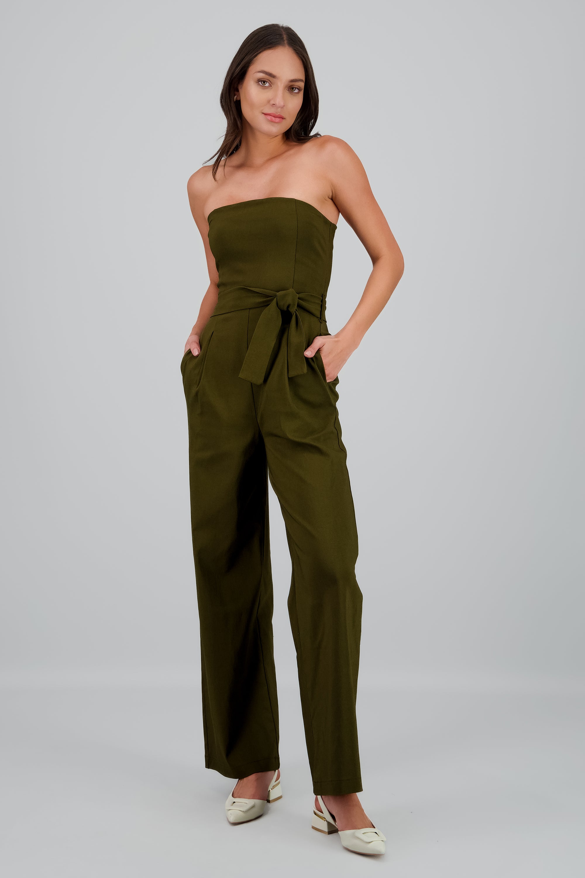 Jumpsuit strapless detalle cinturon VERDE CAZADOR