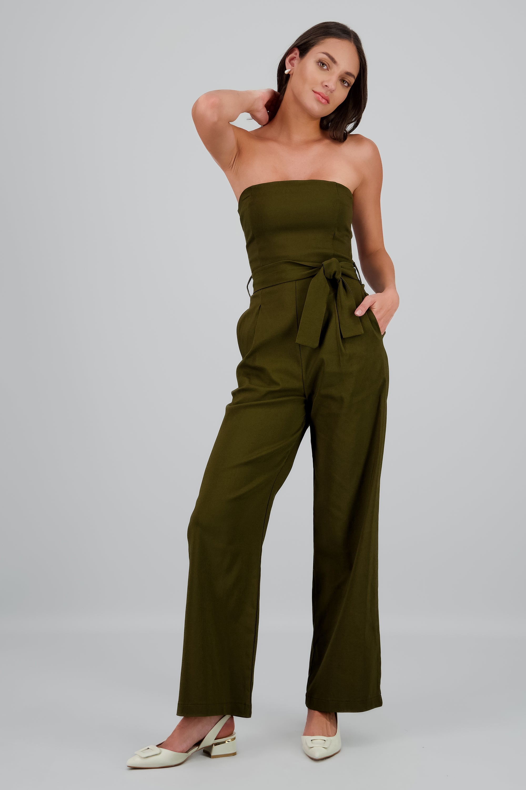 Jumpsuit strapless detalle cinturon VERDE CAZADOR