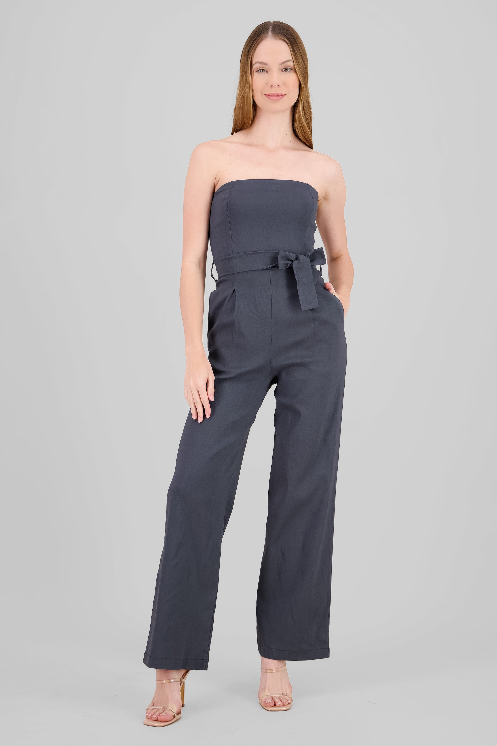 Jumpsuit strapless detalle cinturon GRIS OBSCURO