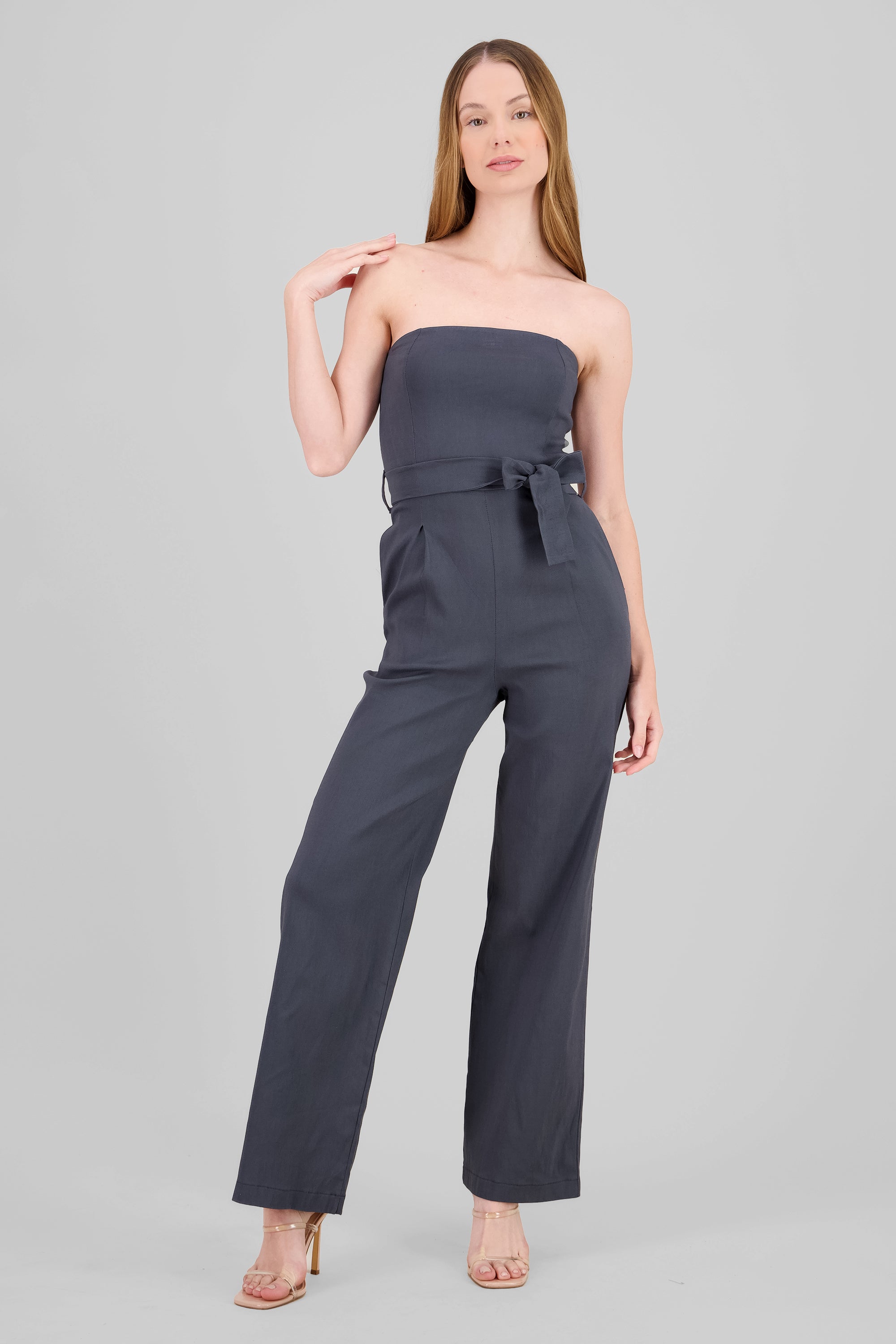 Jumpsuit strapless detalle cinturon GRIS OBSCURO