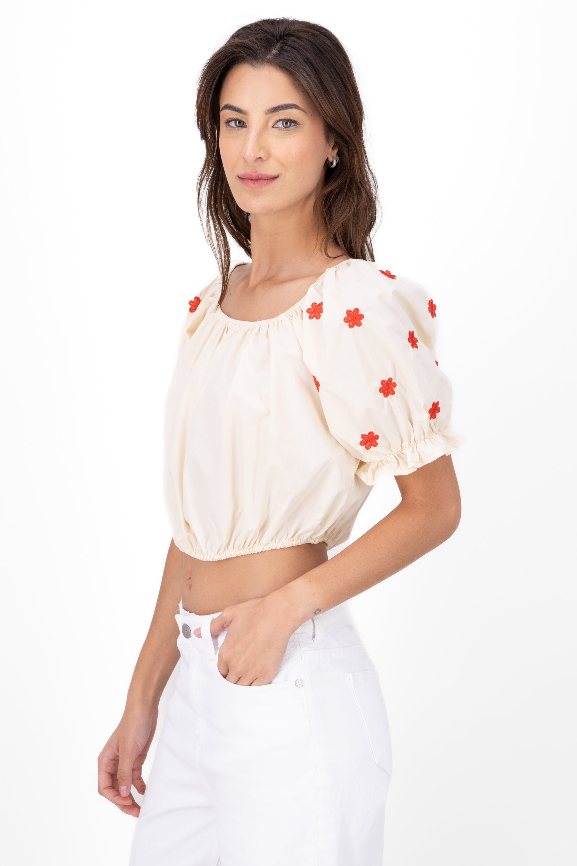 Blusa manga abullonada detalle bordado BEIGE