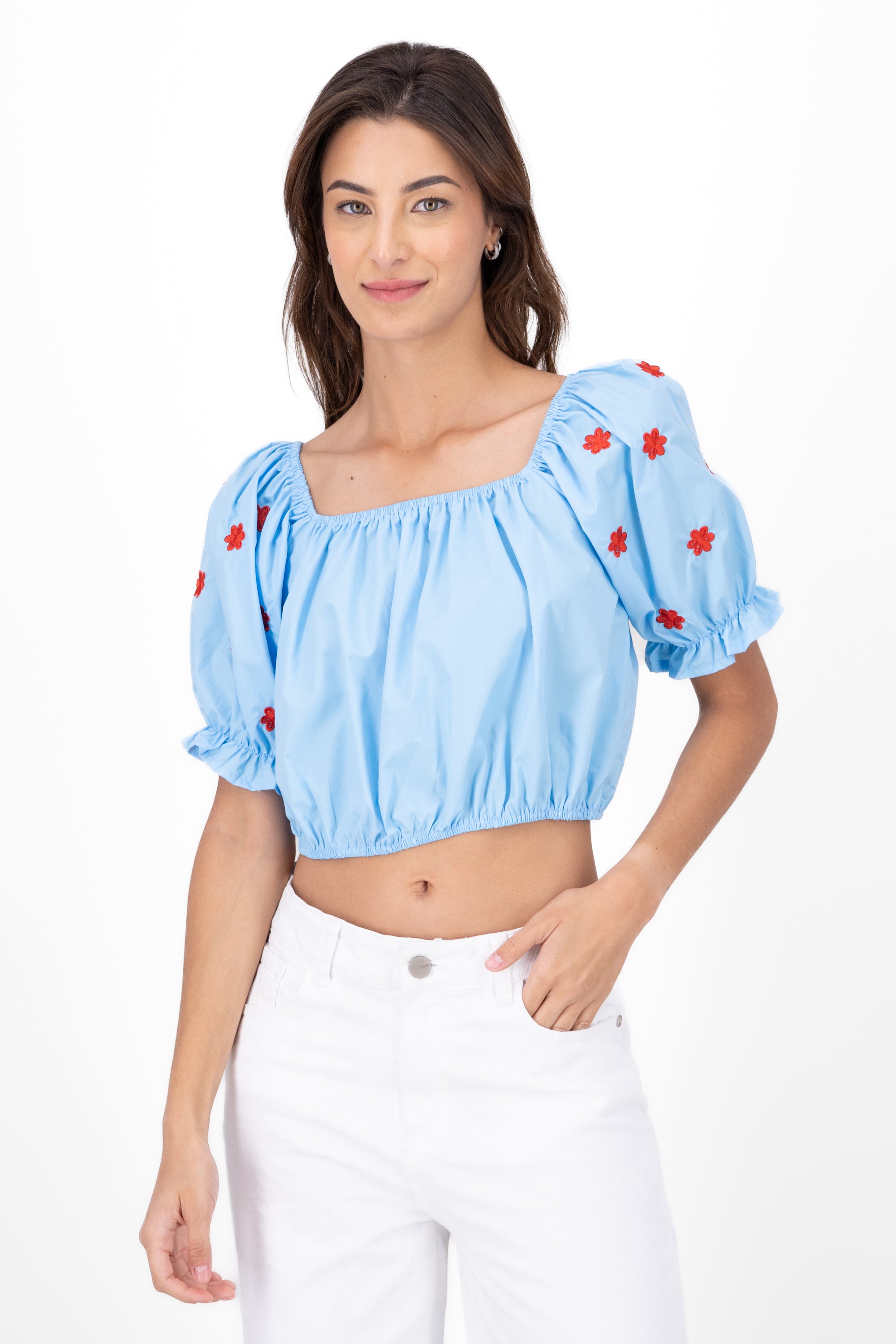 Blusa manga abullonada detalle bordado AZUL