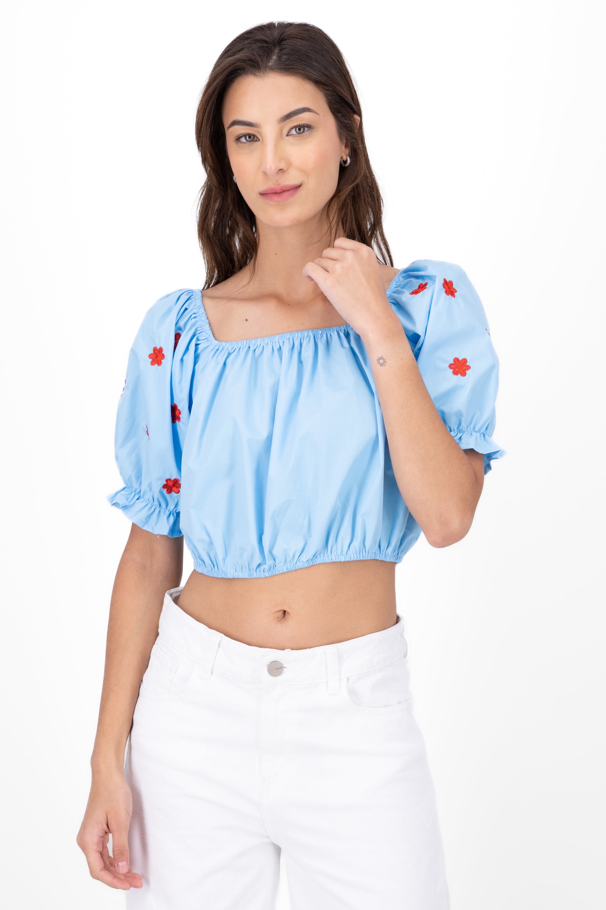 Blusa manga abullonada detalle bordado AZUL