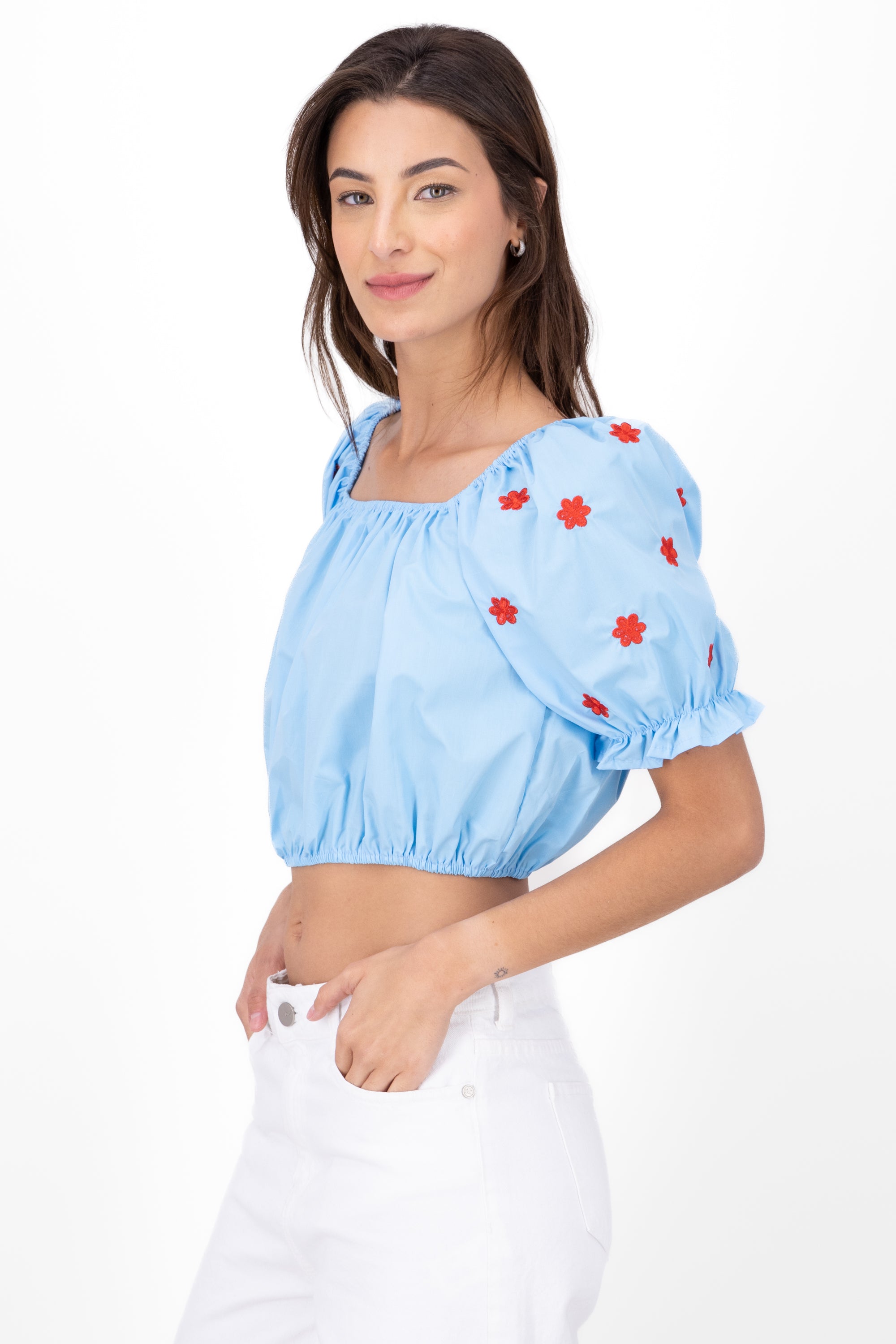 Blusa manga abullonada detalle bordado AZUL