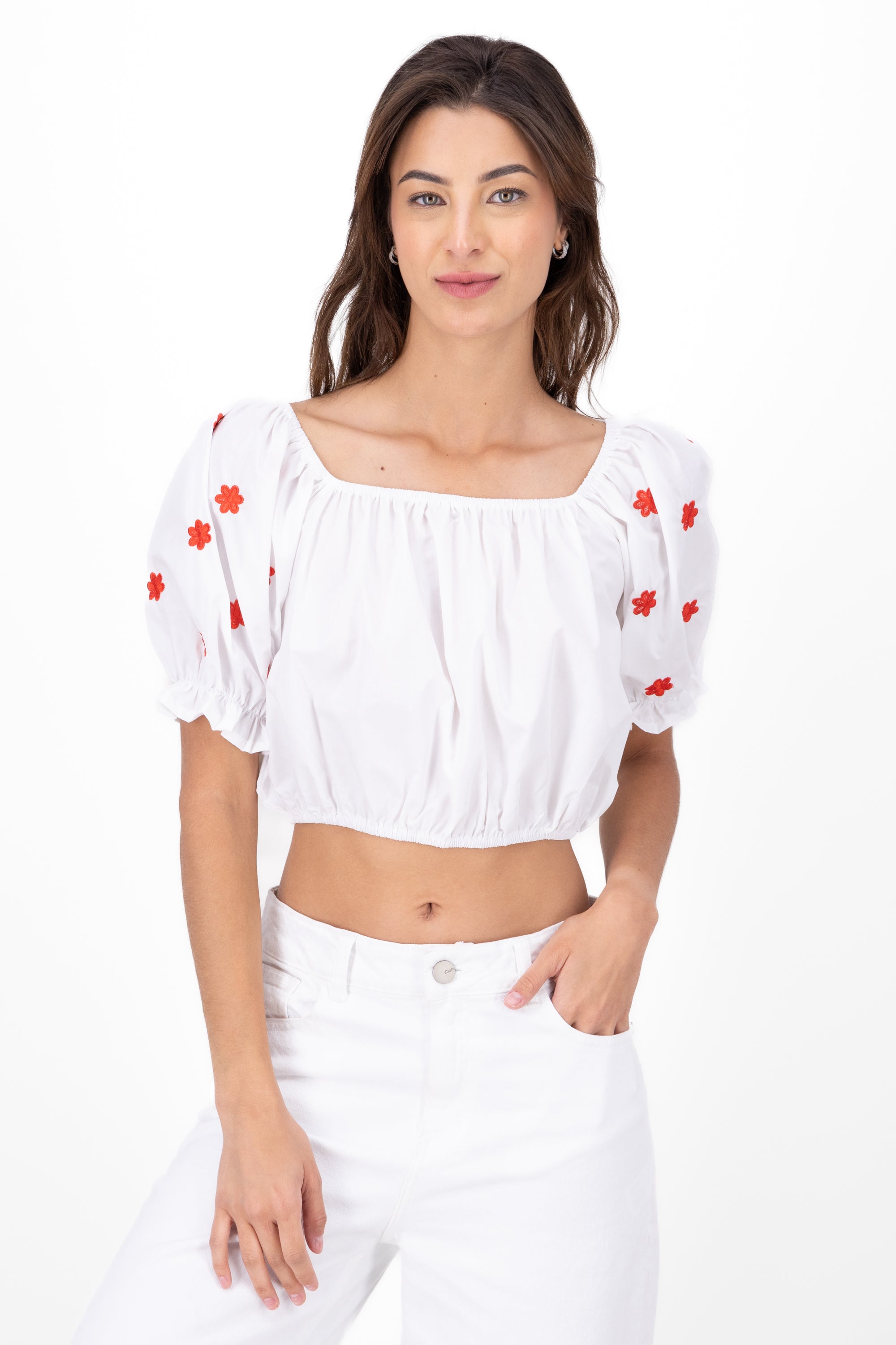 Blusa manga abullonada detalle bordado BLANCO