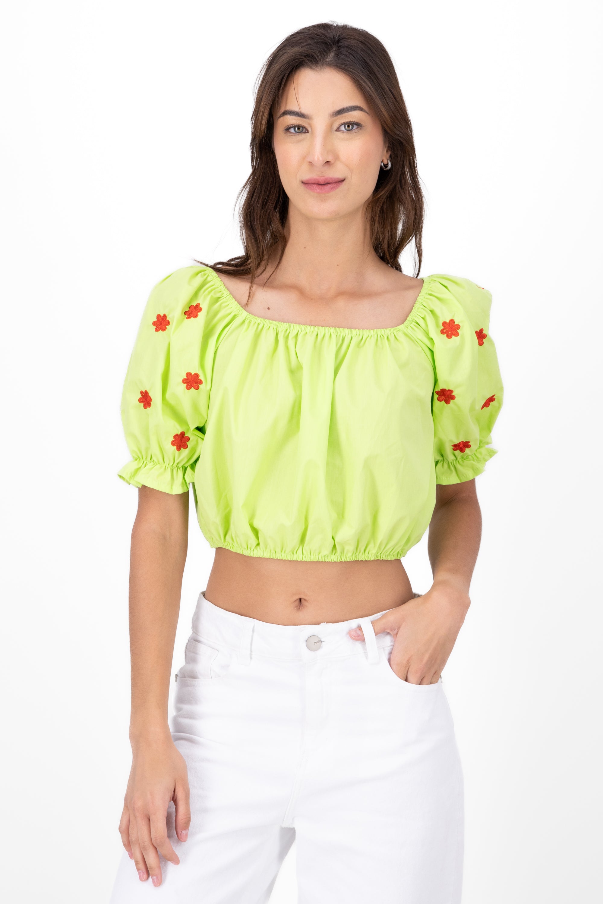 Blusa manga abullonada detalle bordado VERDE