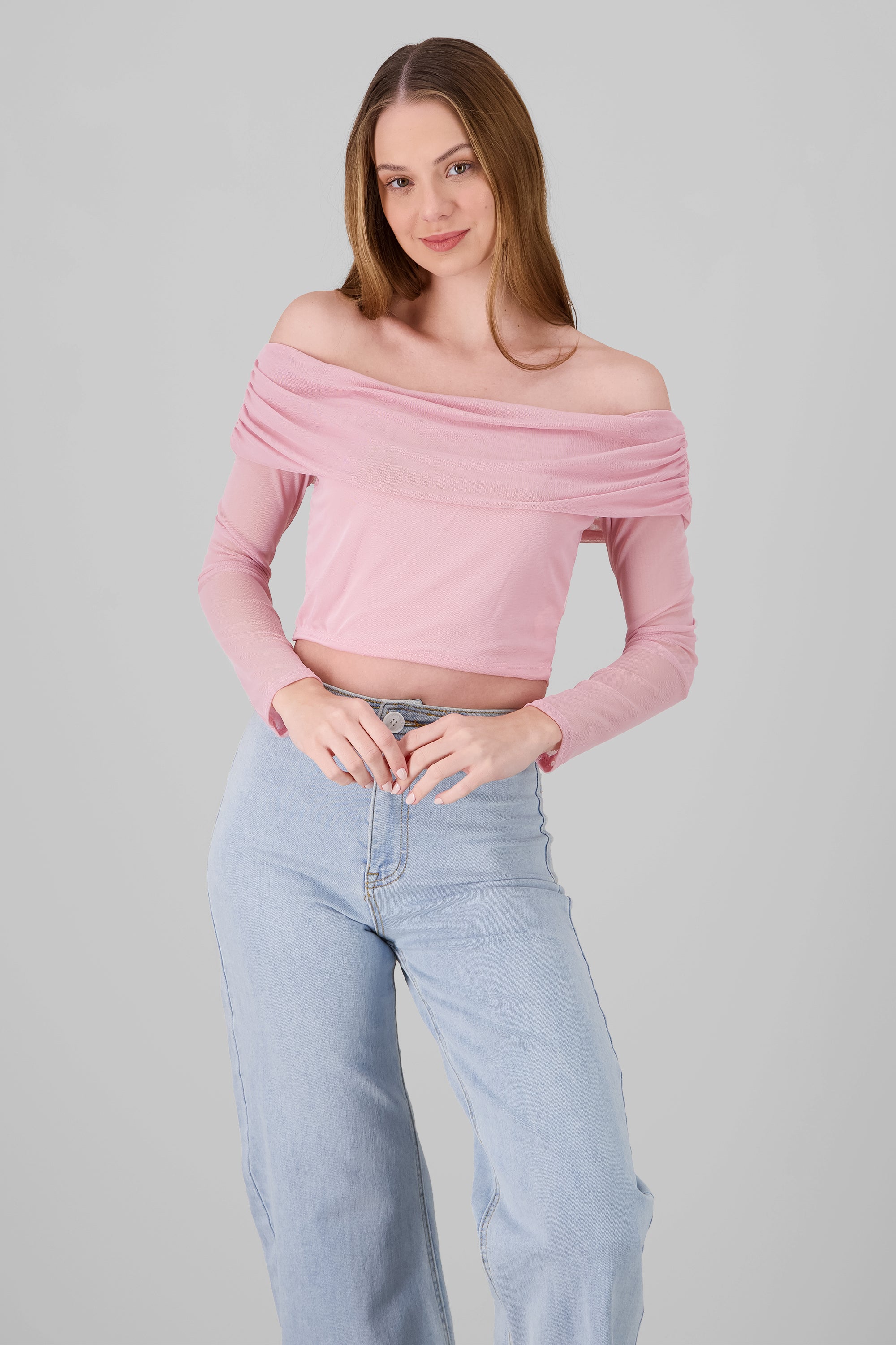 Top off shoulder de mesh liso