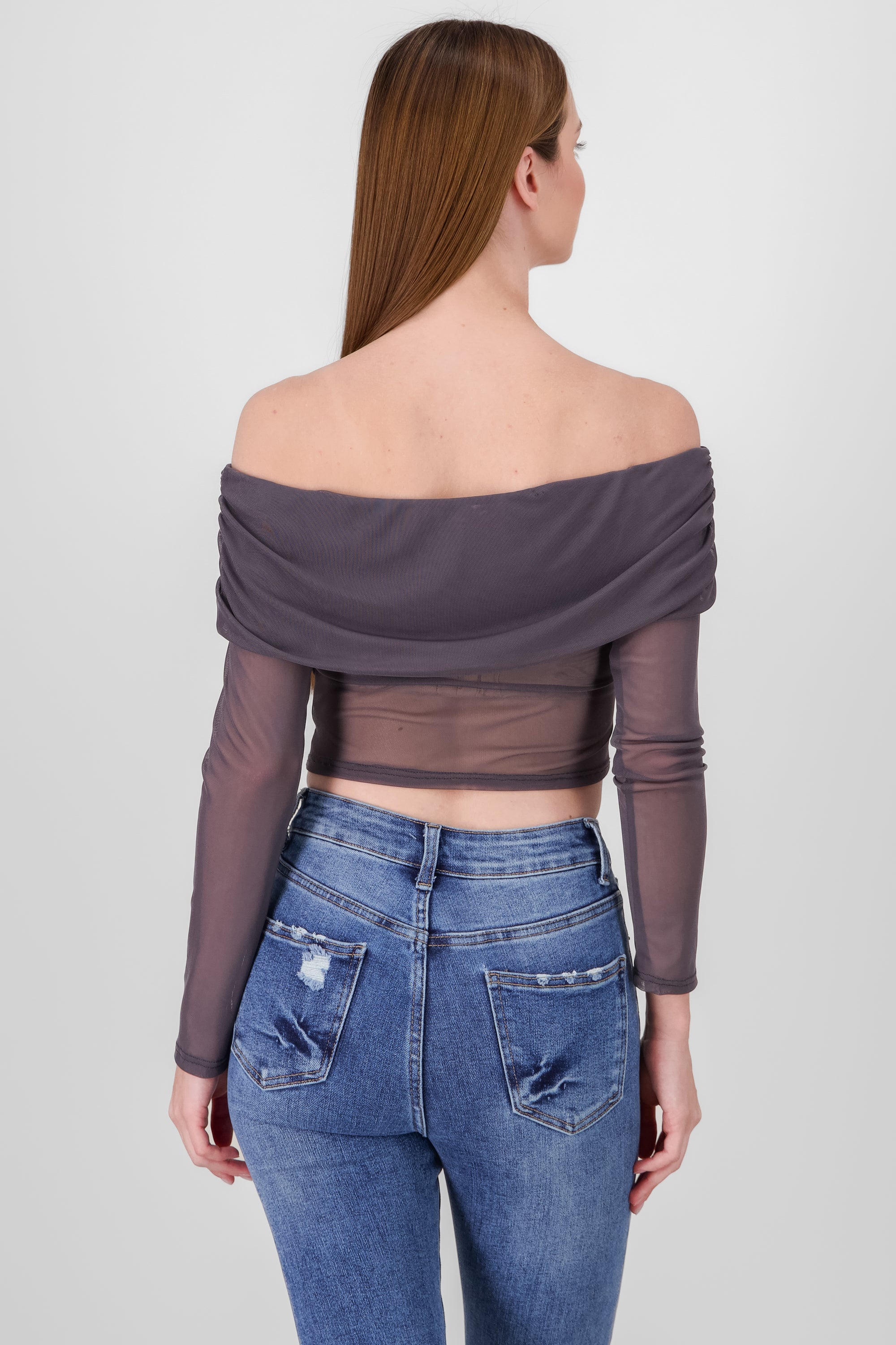 Top off shoulder de mesh liso GRIS OBSCURO