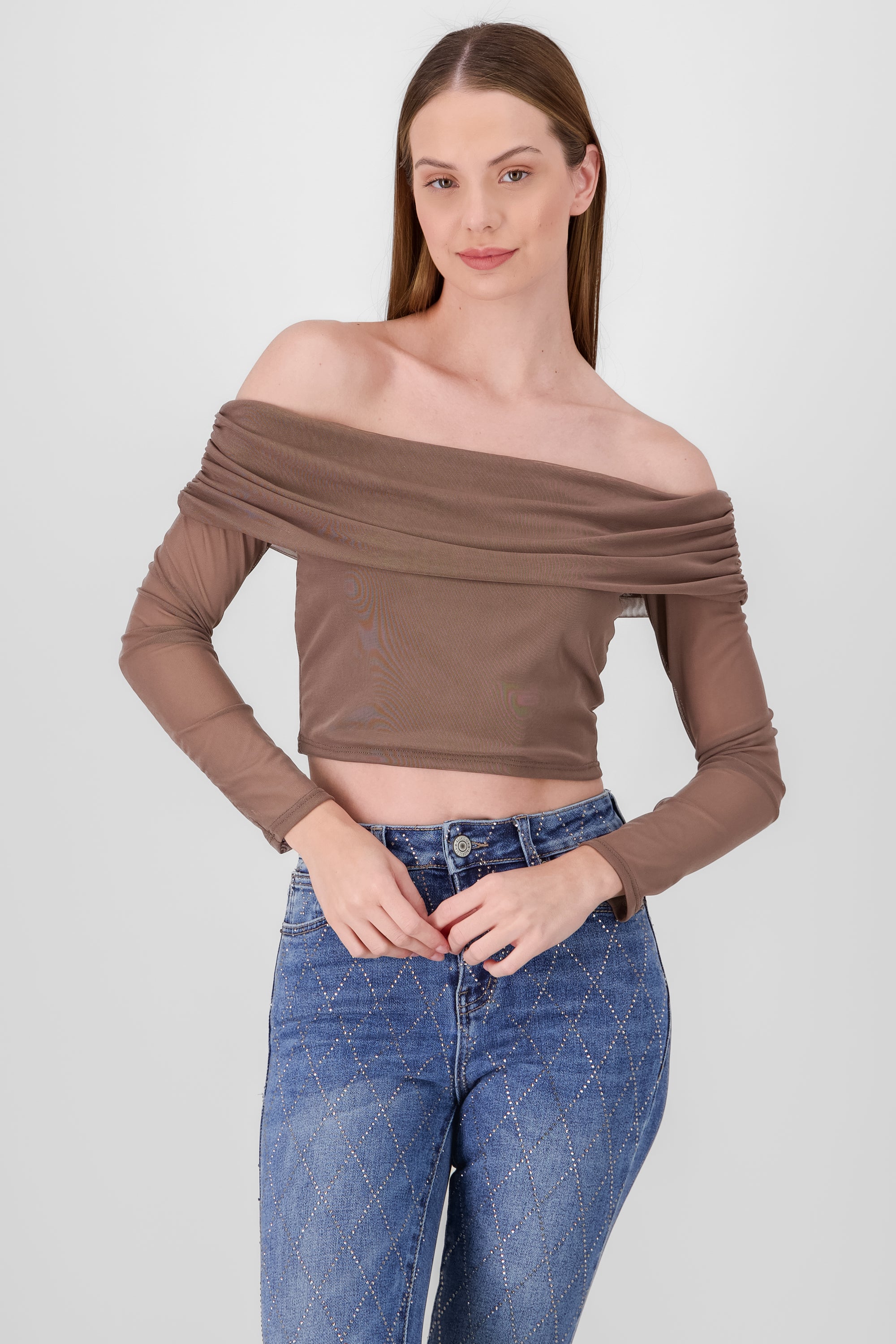 Top off shoulder de mesh liso GREIGE