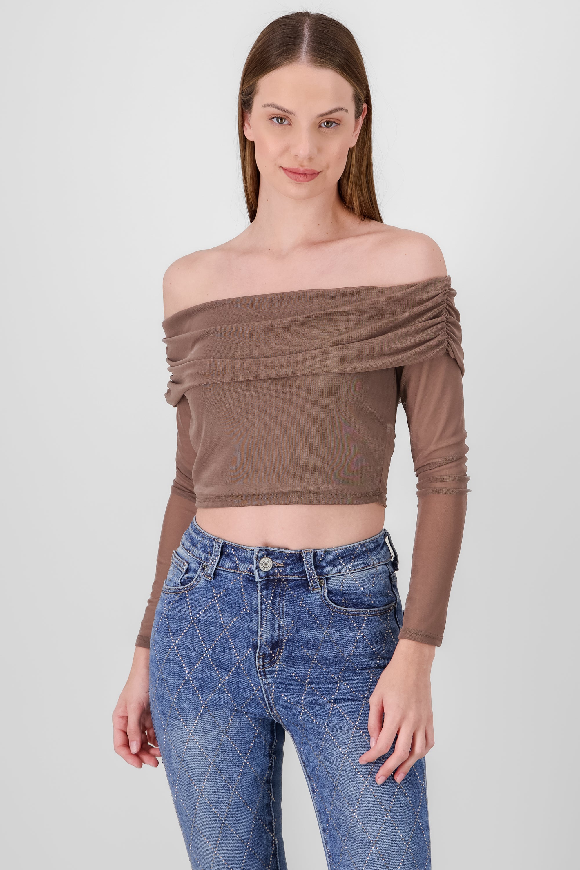 Top off shoulder de mesh liso GREIGE