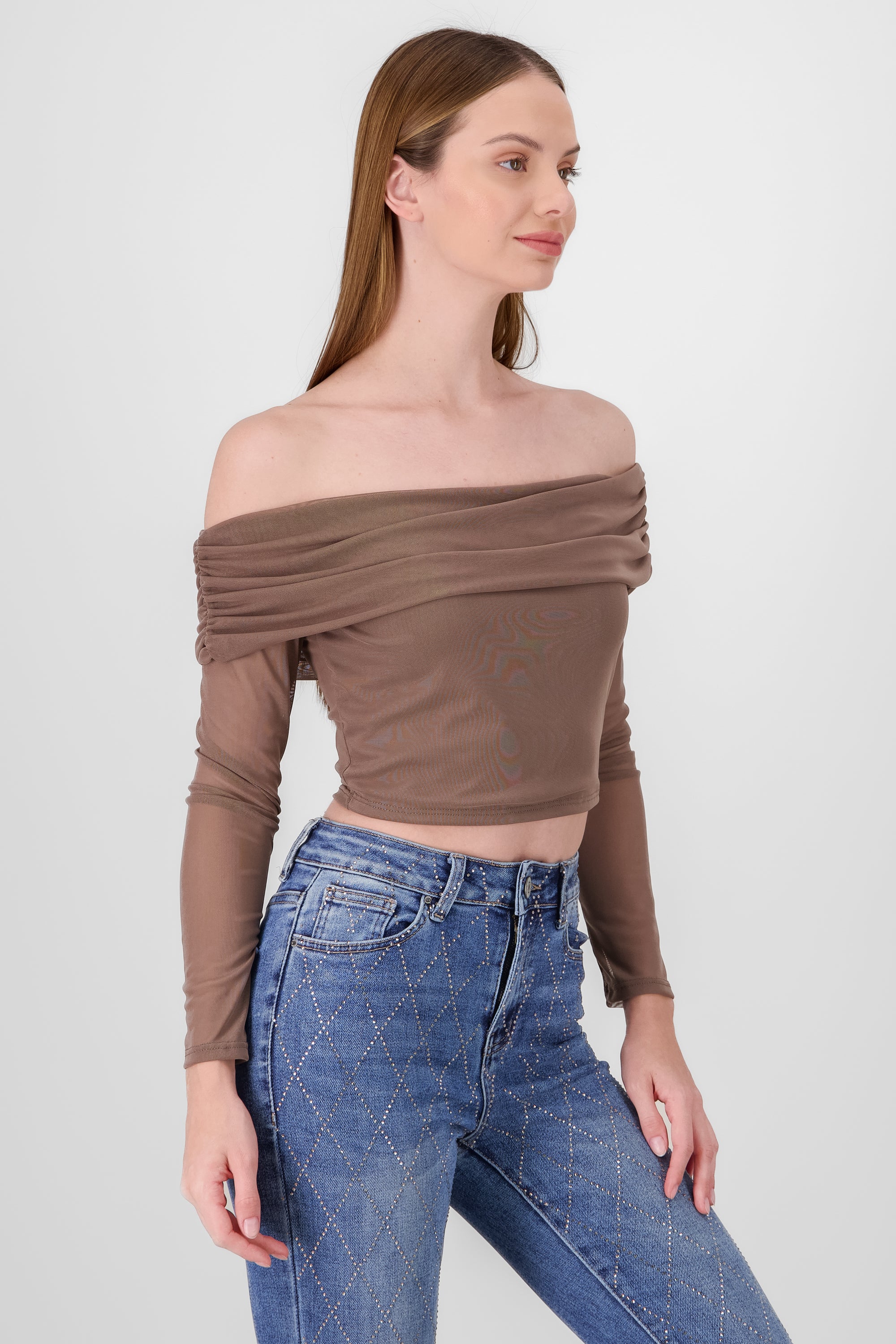 Top off shoulder de mesh liso GREIGE