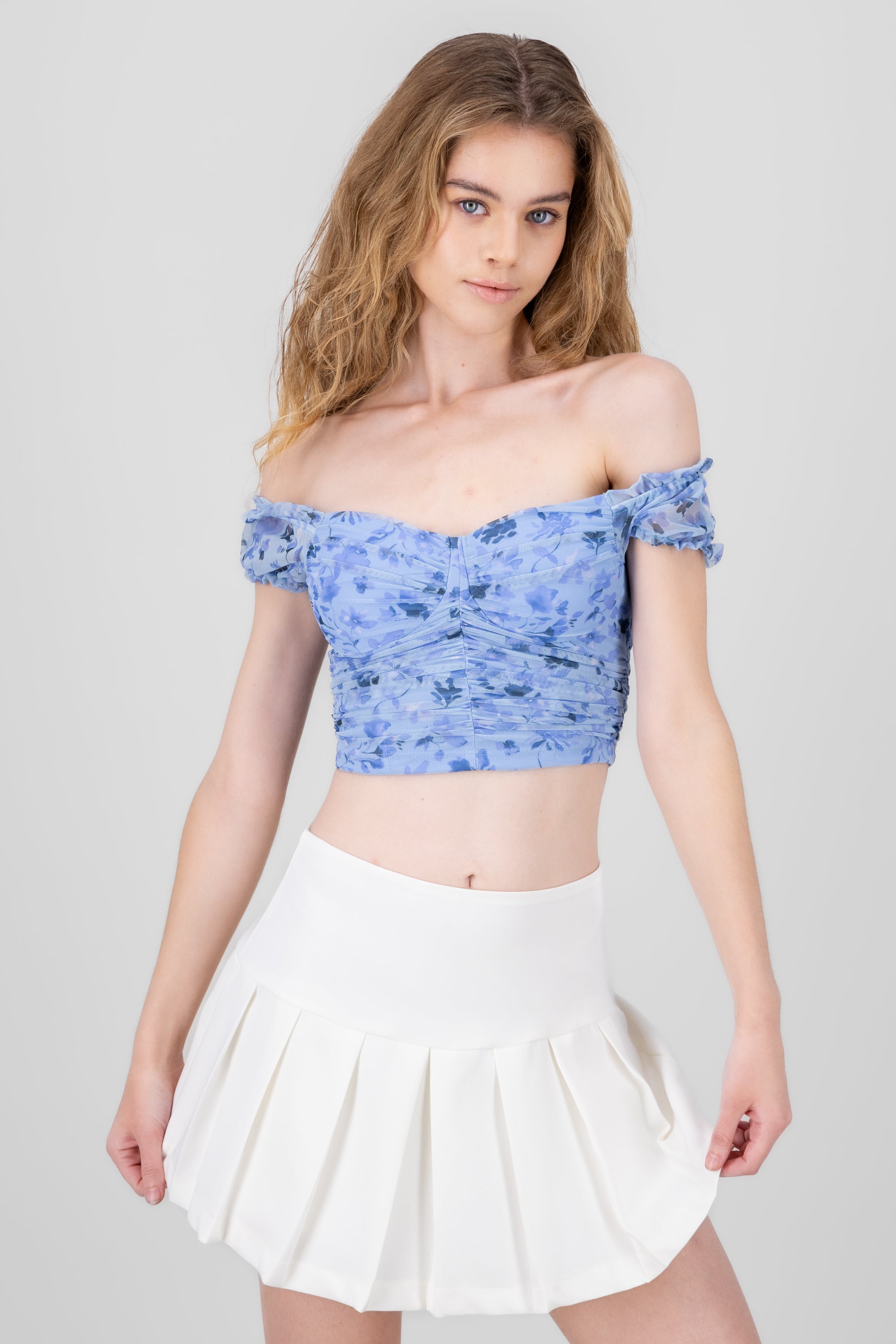 top flores mesh manga corta AZUL COMBO