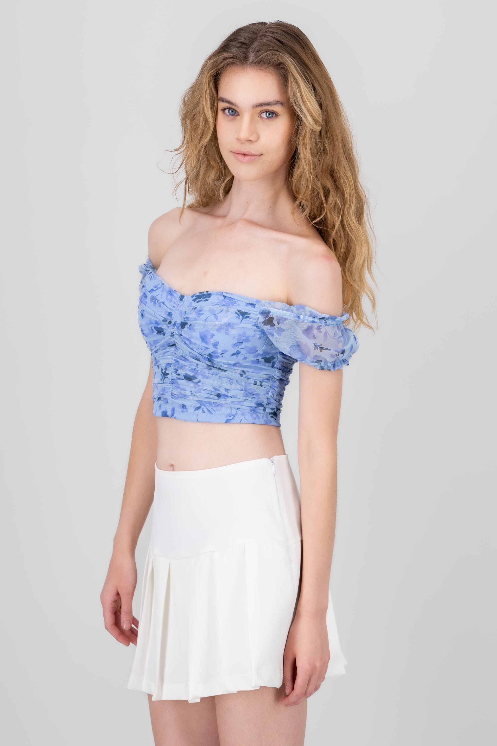 top flores mesh manga corta AZUL COMBO