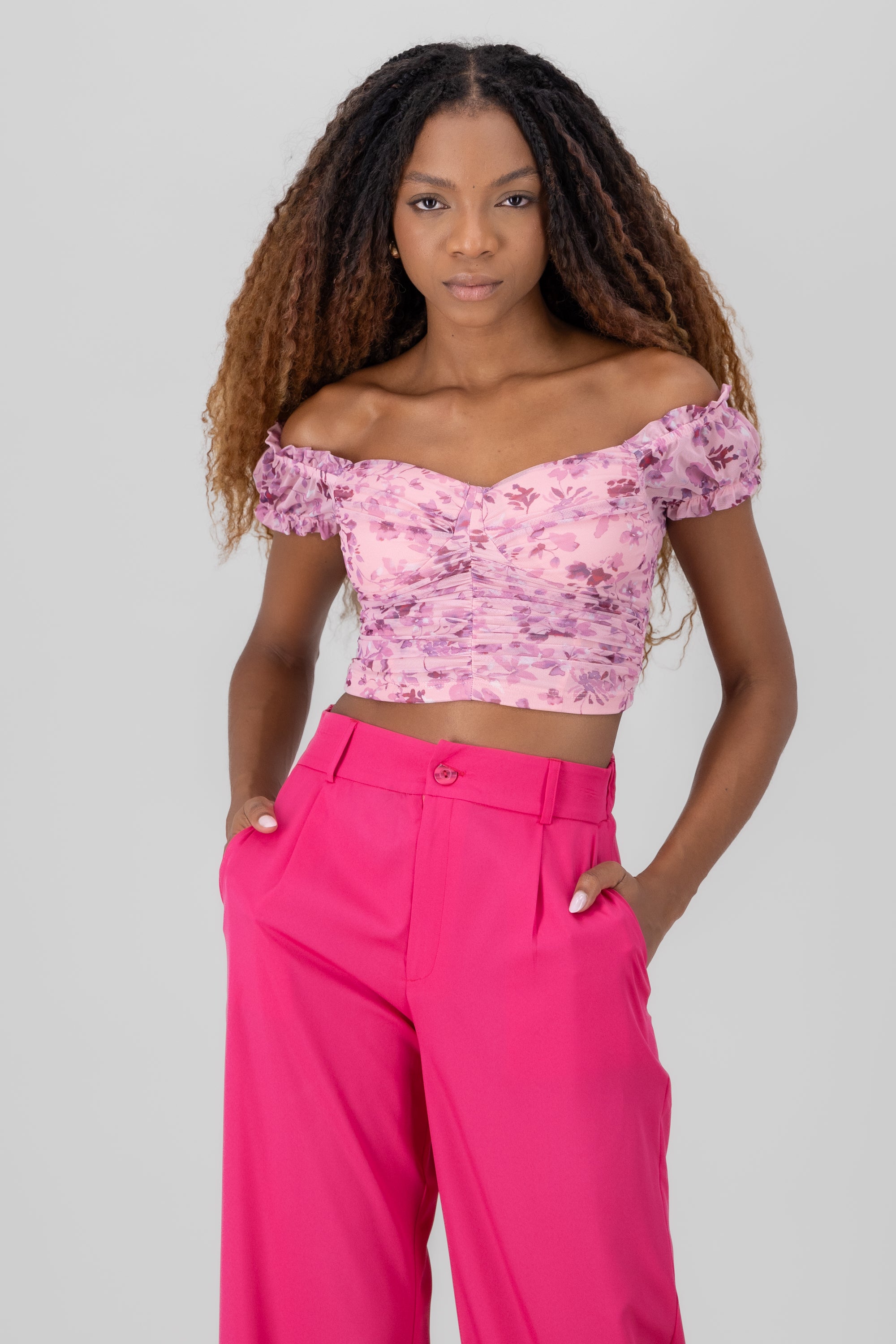 top flores mesh manga corta ROSA COMBO