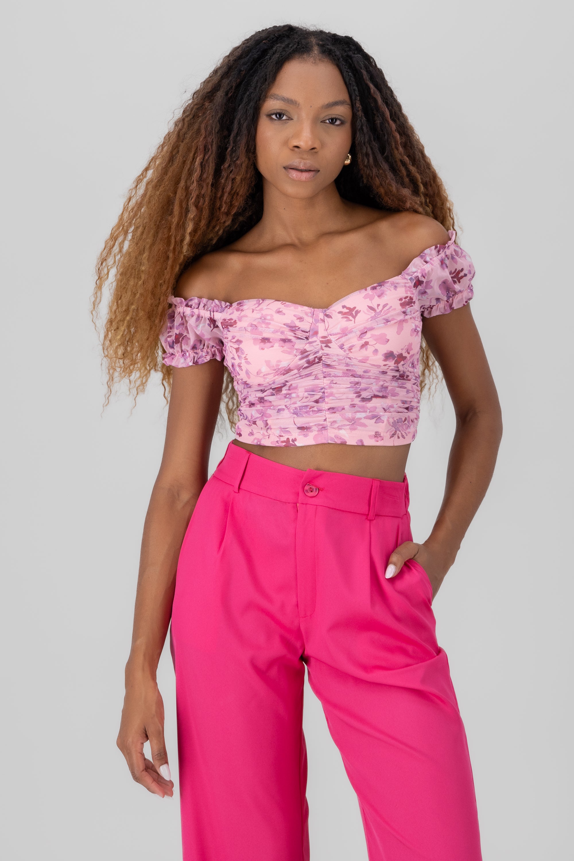 top flores mesh manga corta ROSA COMBO