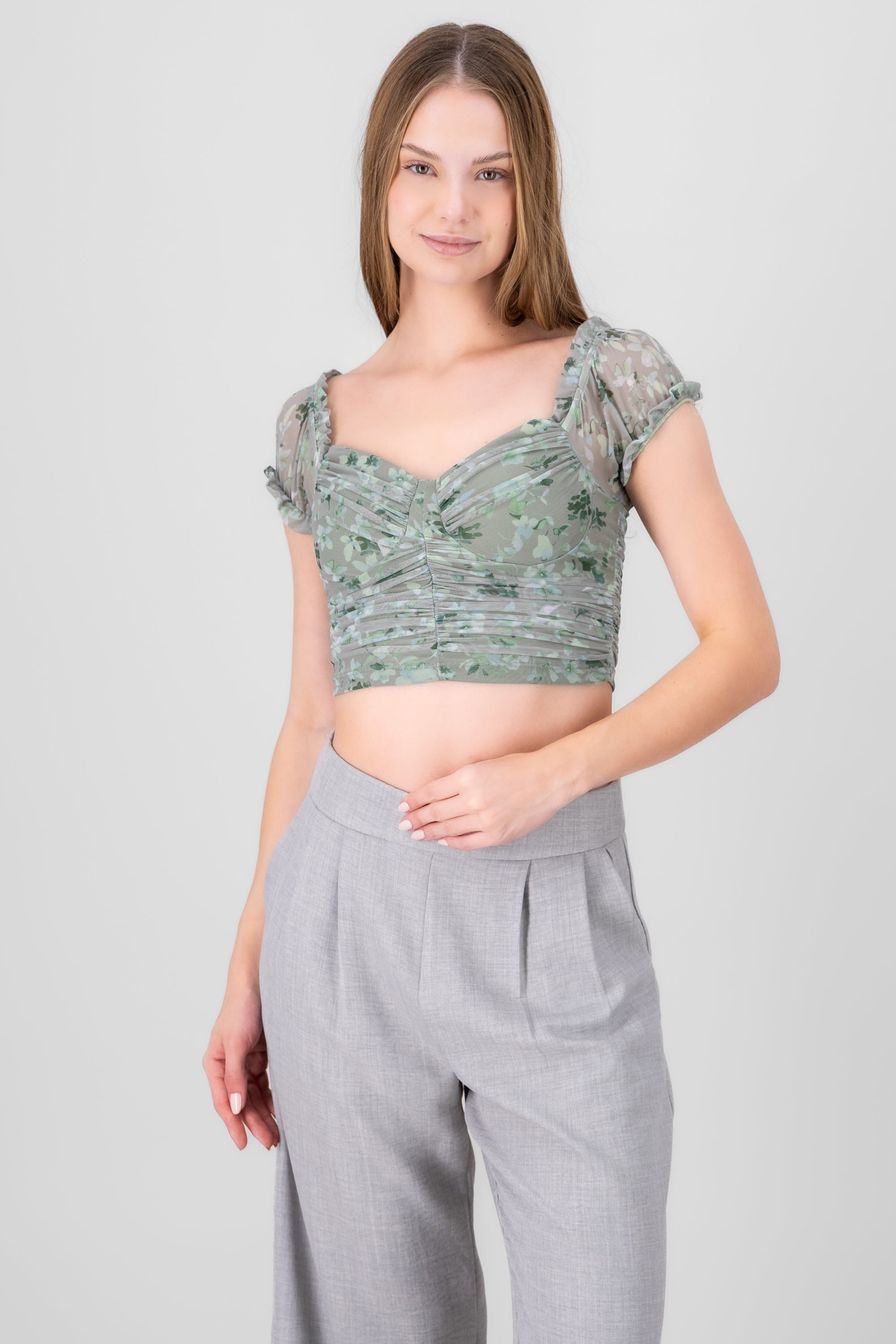 top flores mesh manga corta VERDE COMBO