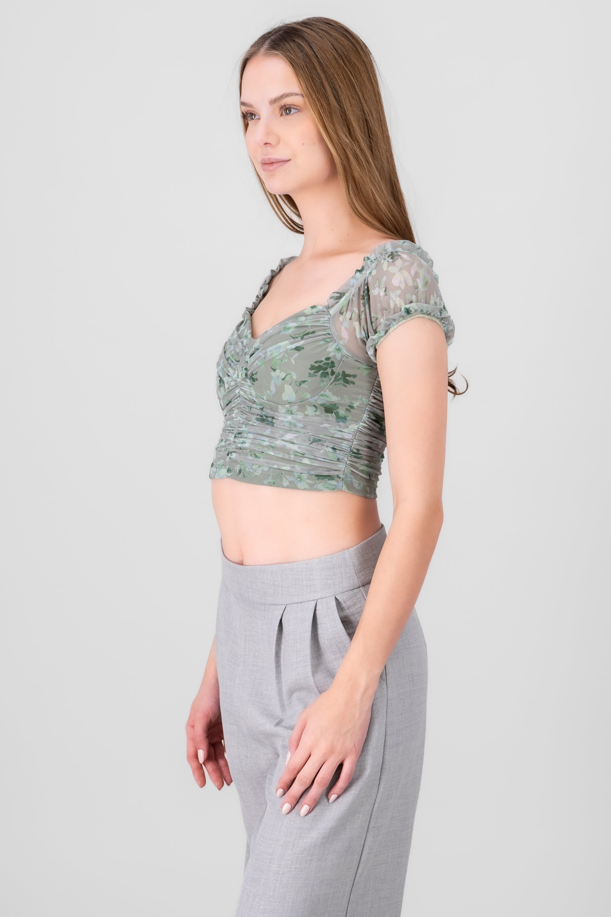 top flores mesh manga corta VERDE COMBO