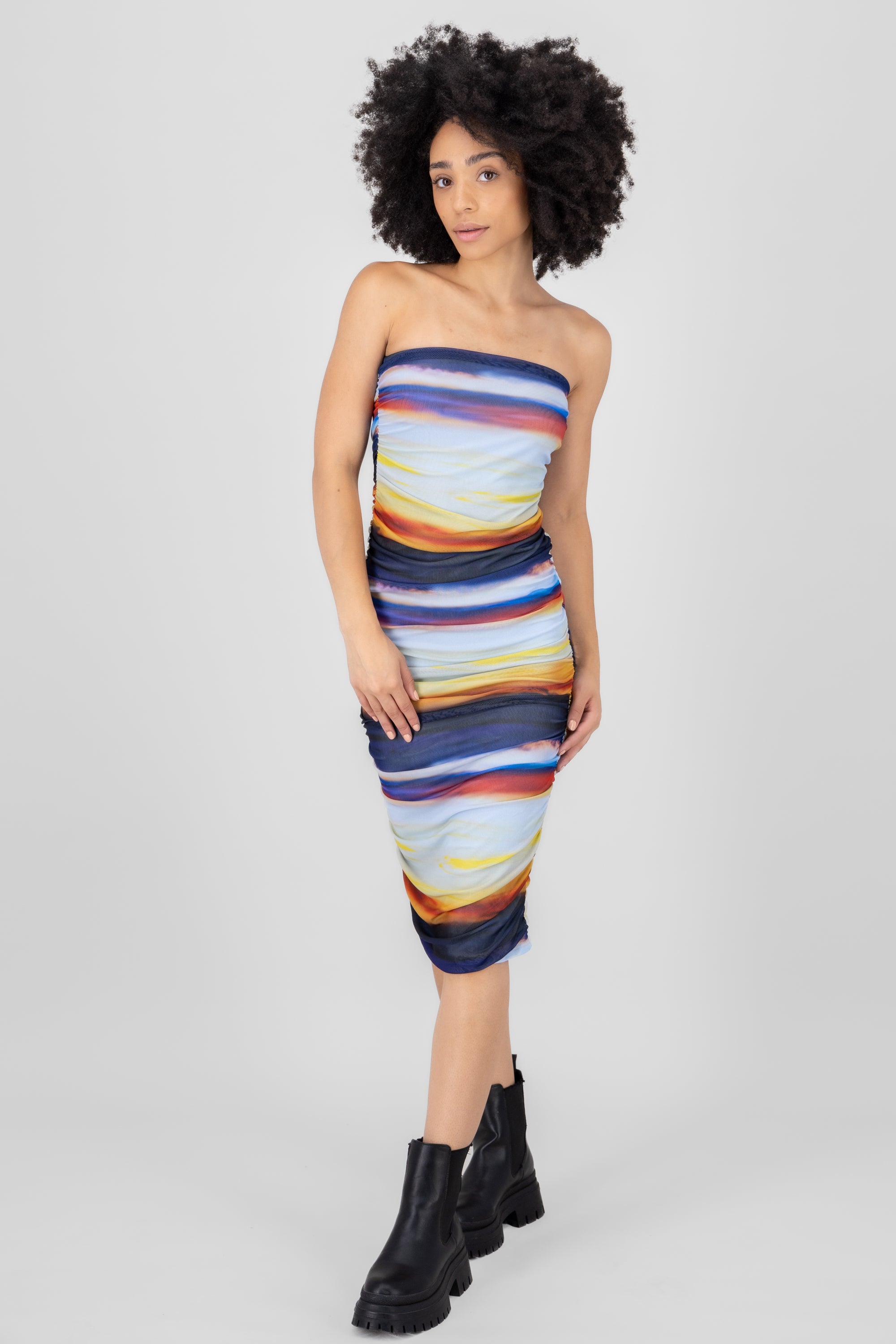 Vestido strapless plisado mesh MULTICOLOR