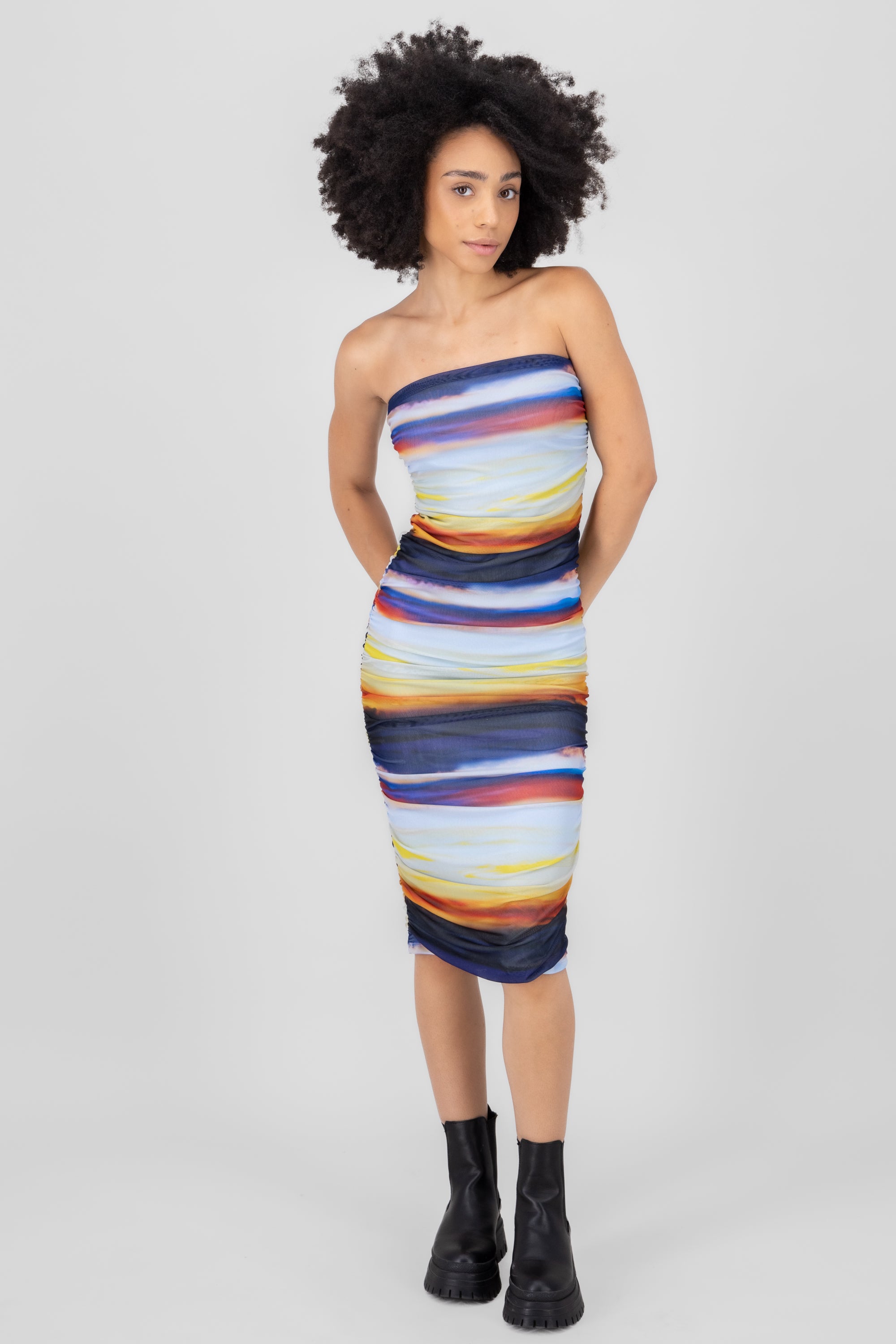 Vestido strapless plisado mesh MULTICOLOR