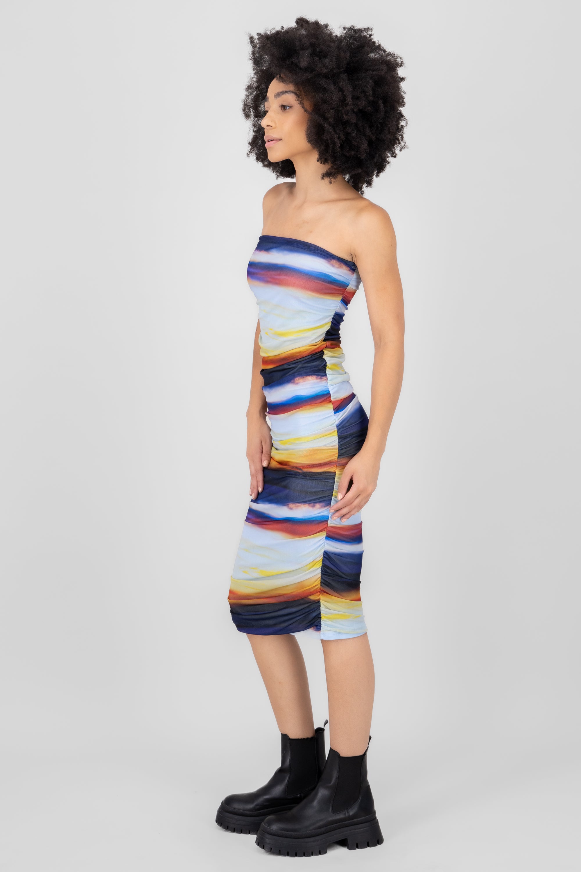 Vestido strapless plisado mesh MULTICOLOR