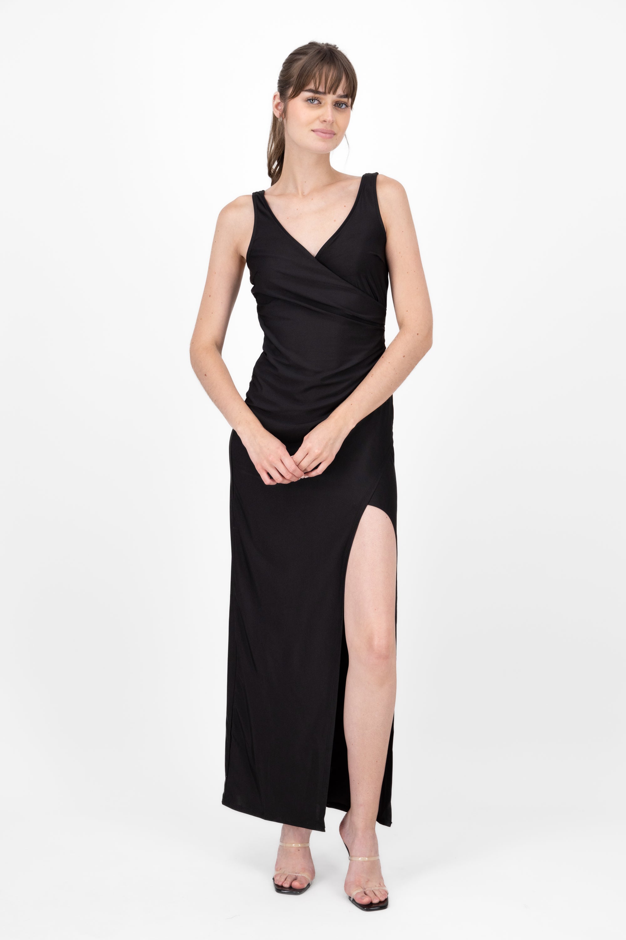 Vestido maxi satin drapeado NEGRO