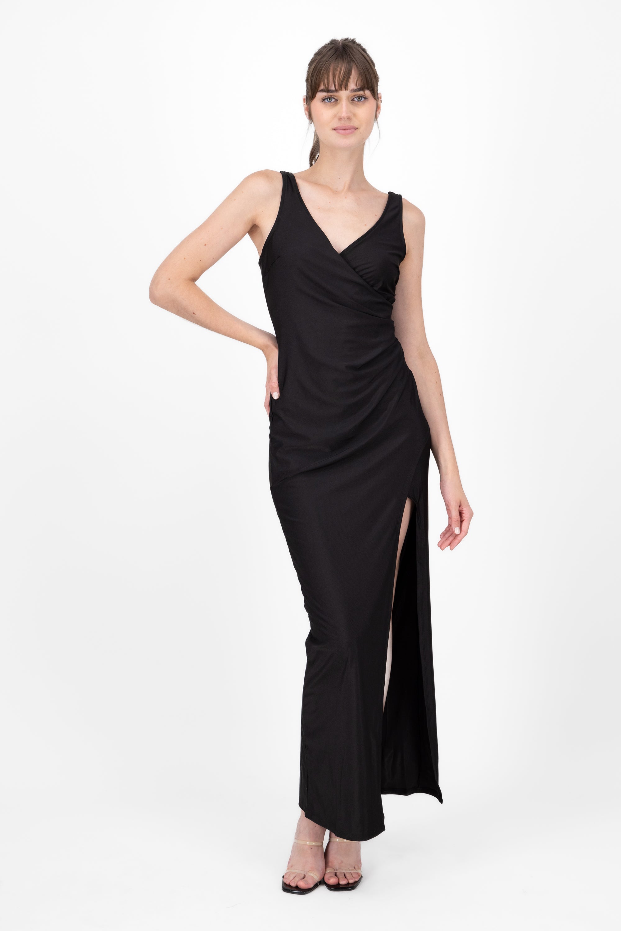 Vestido maxi satin drapeado NEGRO