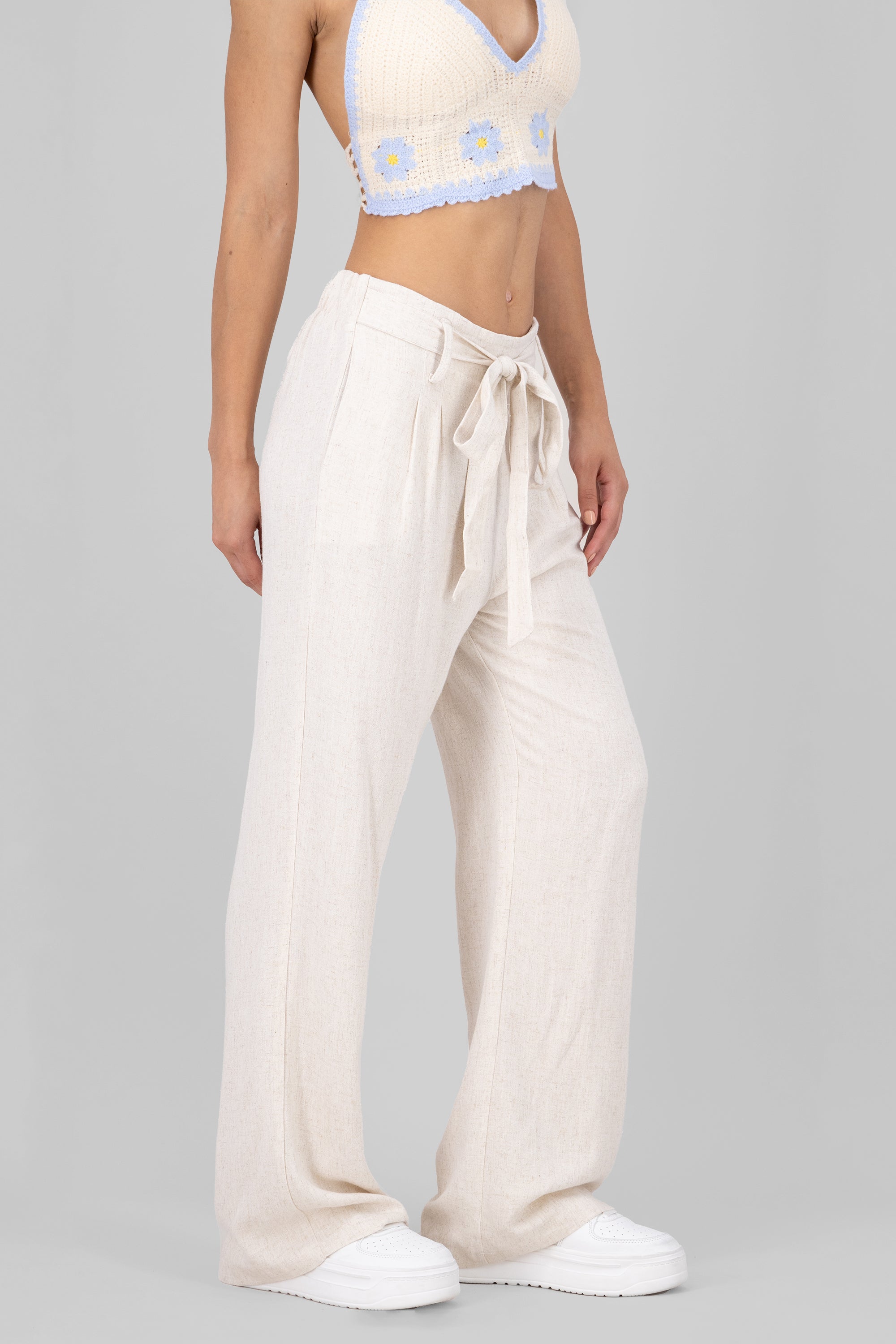 Pantalon fluido lino detalle moño BEIGE