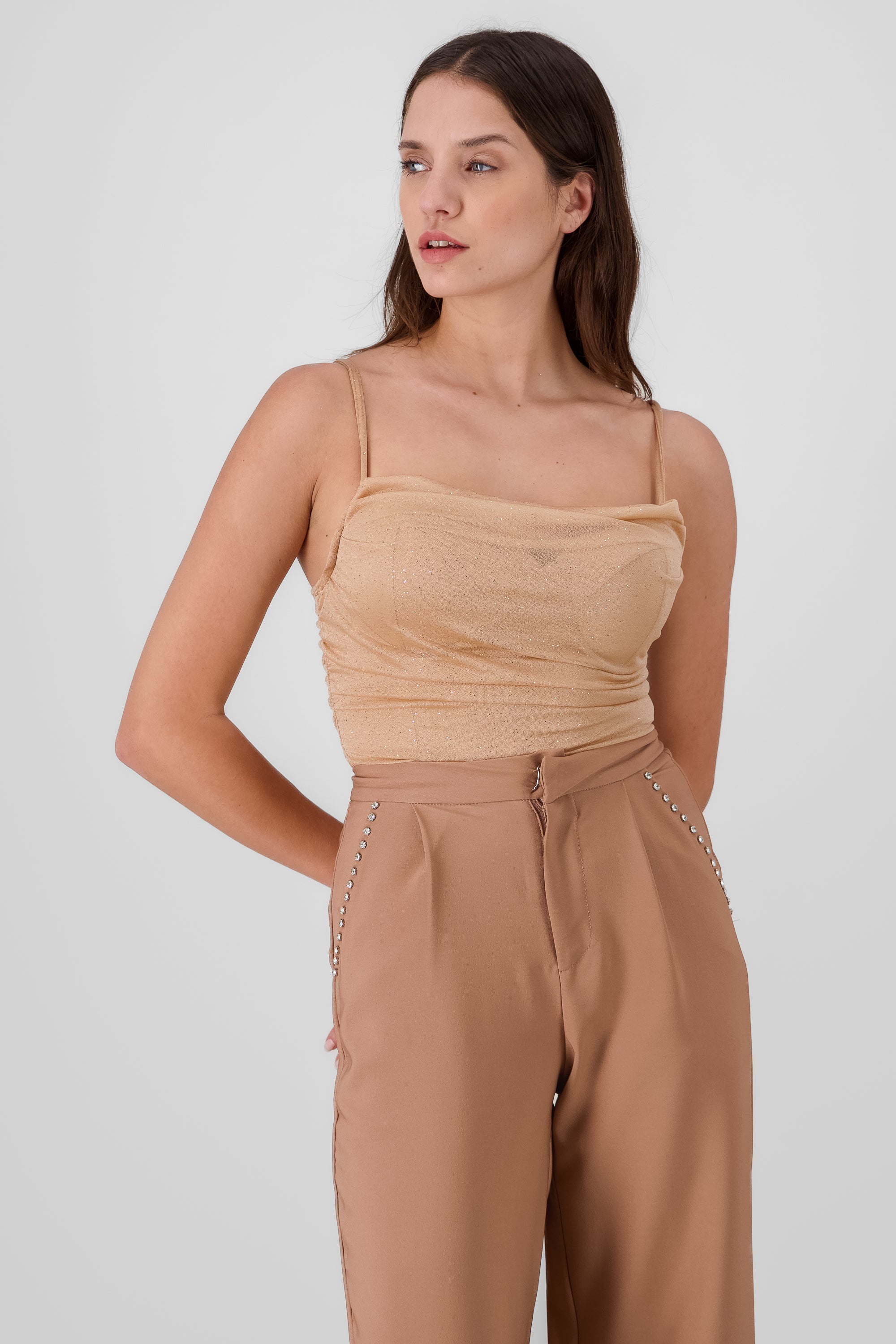 Bodysuit con cuello cascada de brillos TAUPE