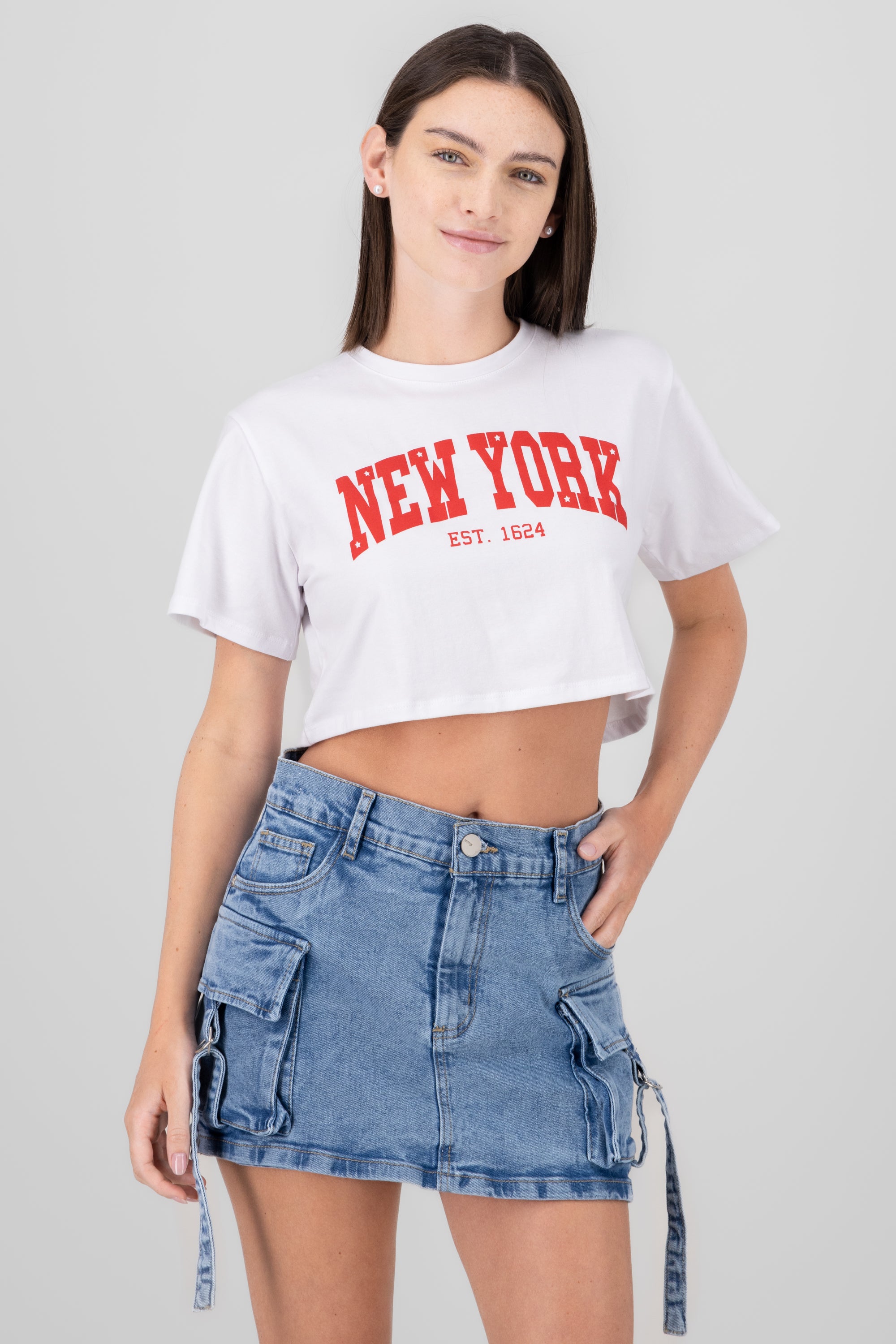 Playera estampado new york cropped ROJO COMBO