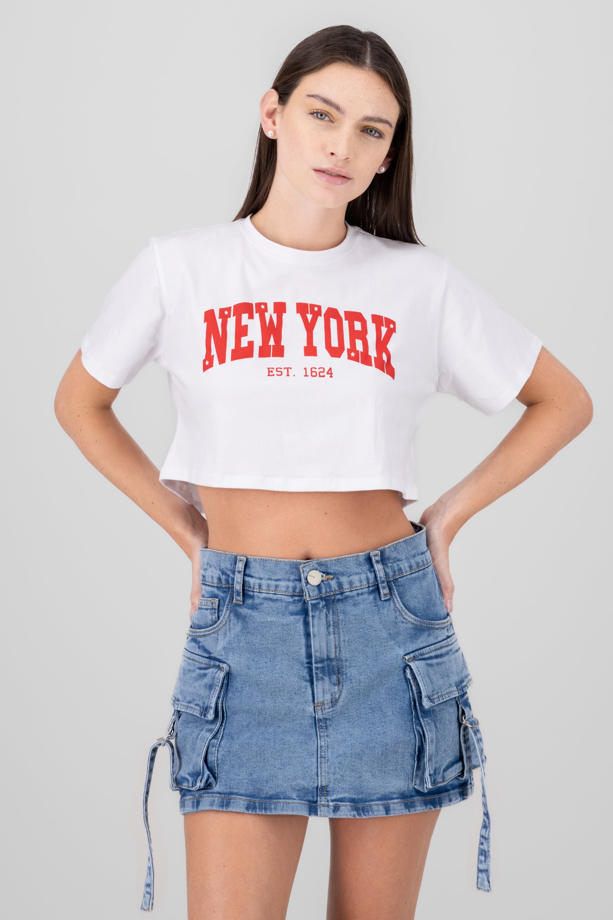 Playera estampado new york cropped ROJO COMBO