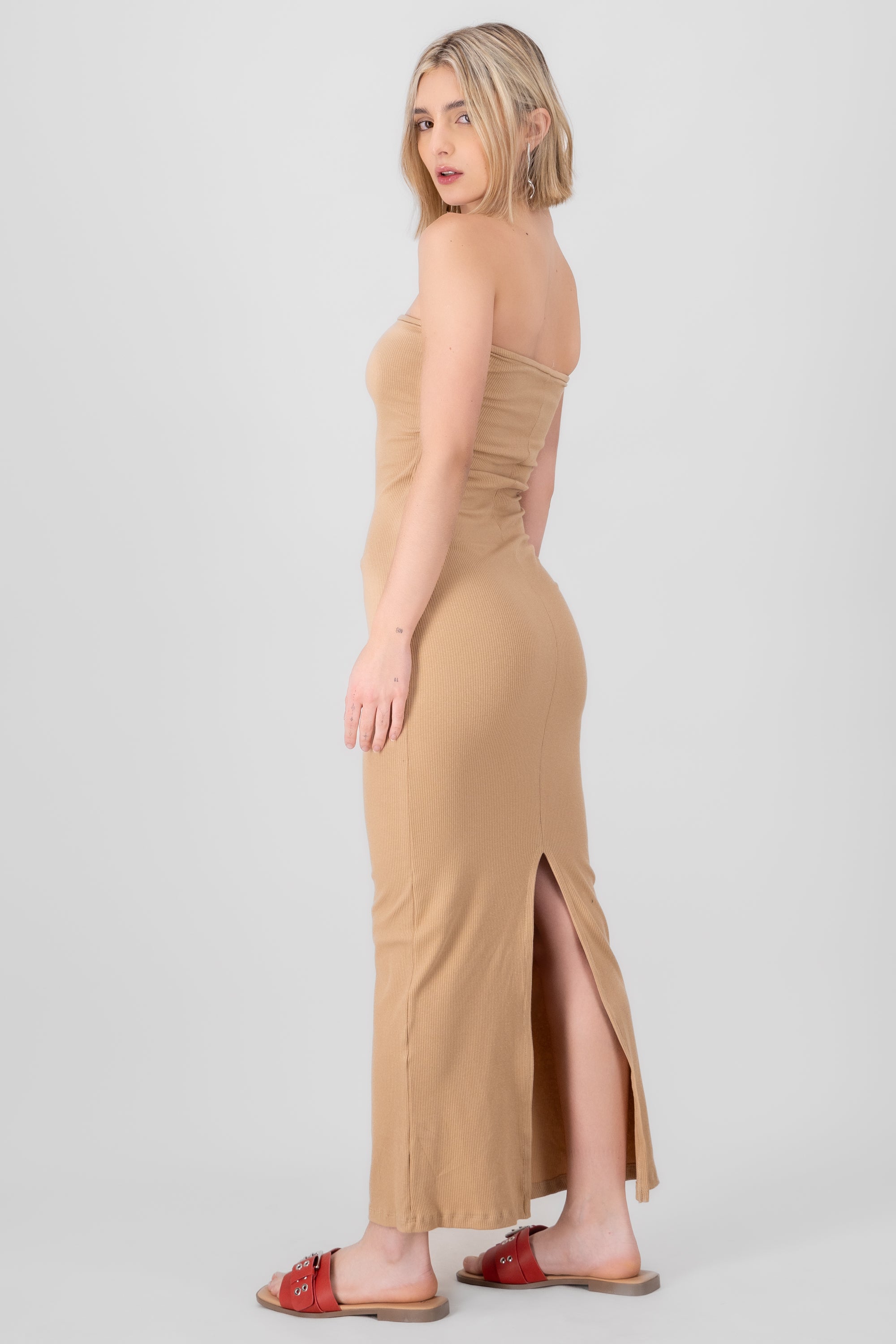 Vestido midi strapples rib KHAKI