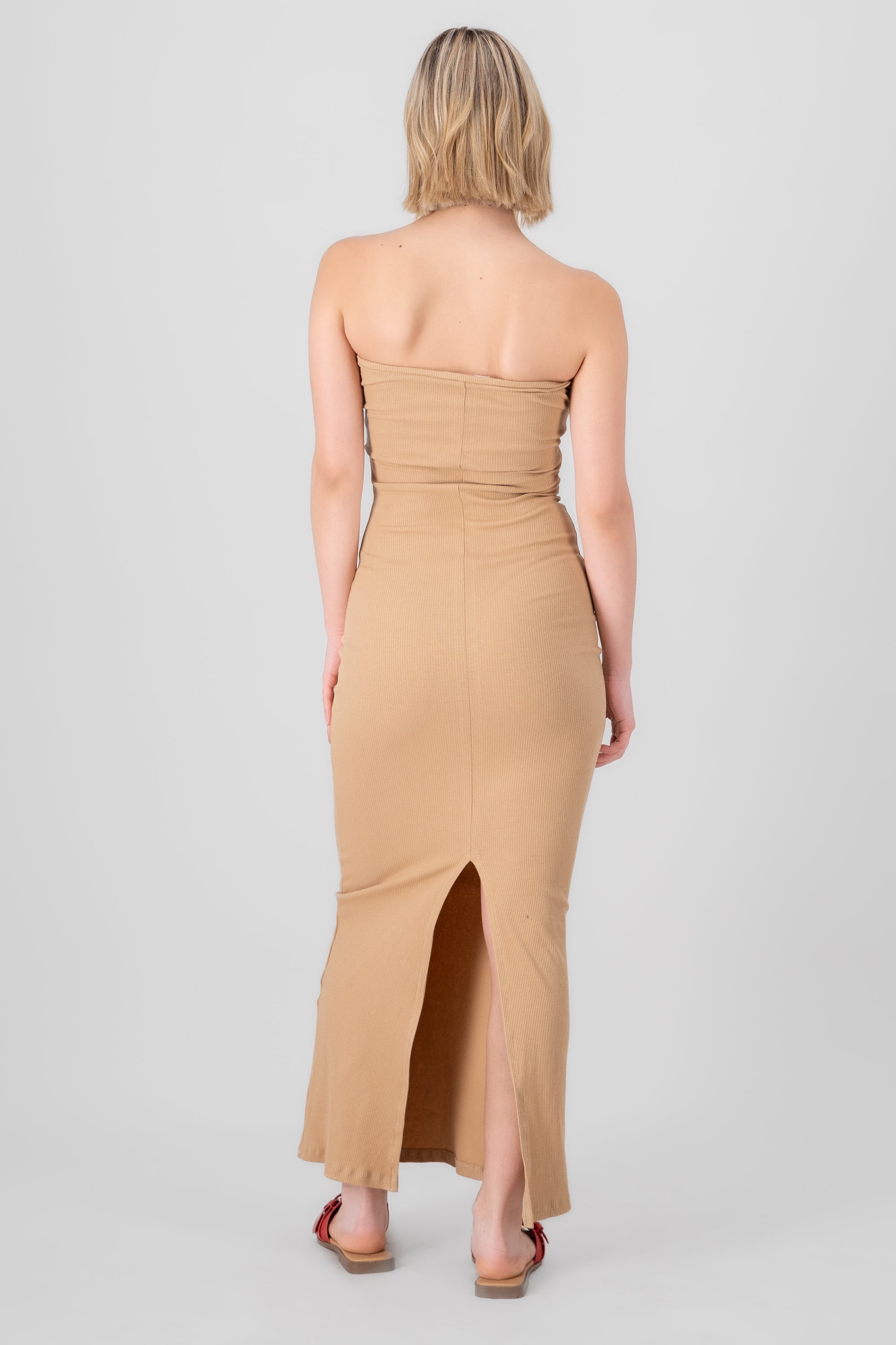 Vestido midi strapples rib KHAKI