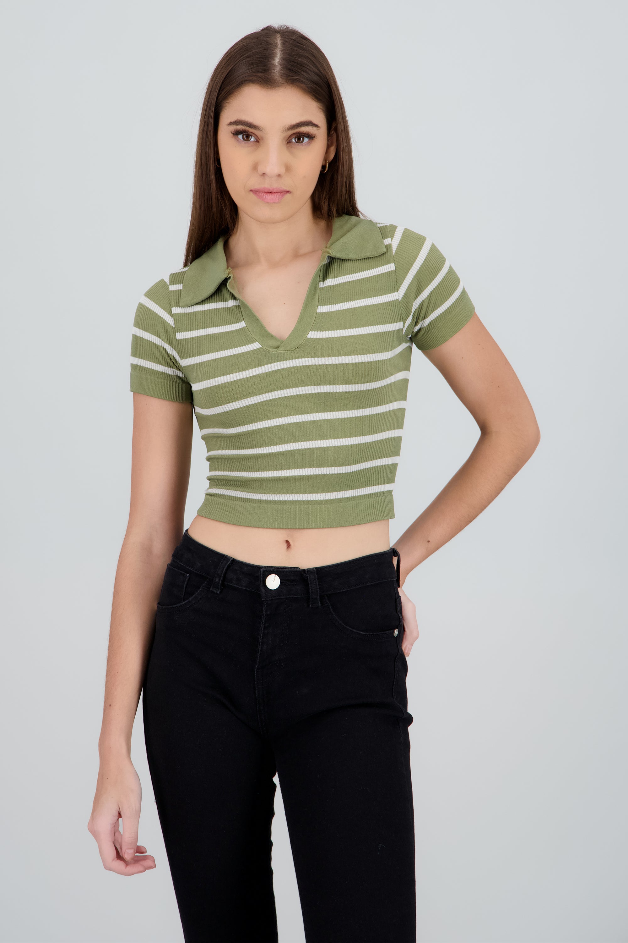 Top seamless rayas cuello polo OLIVO
