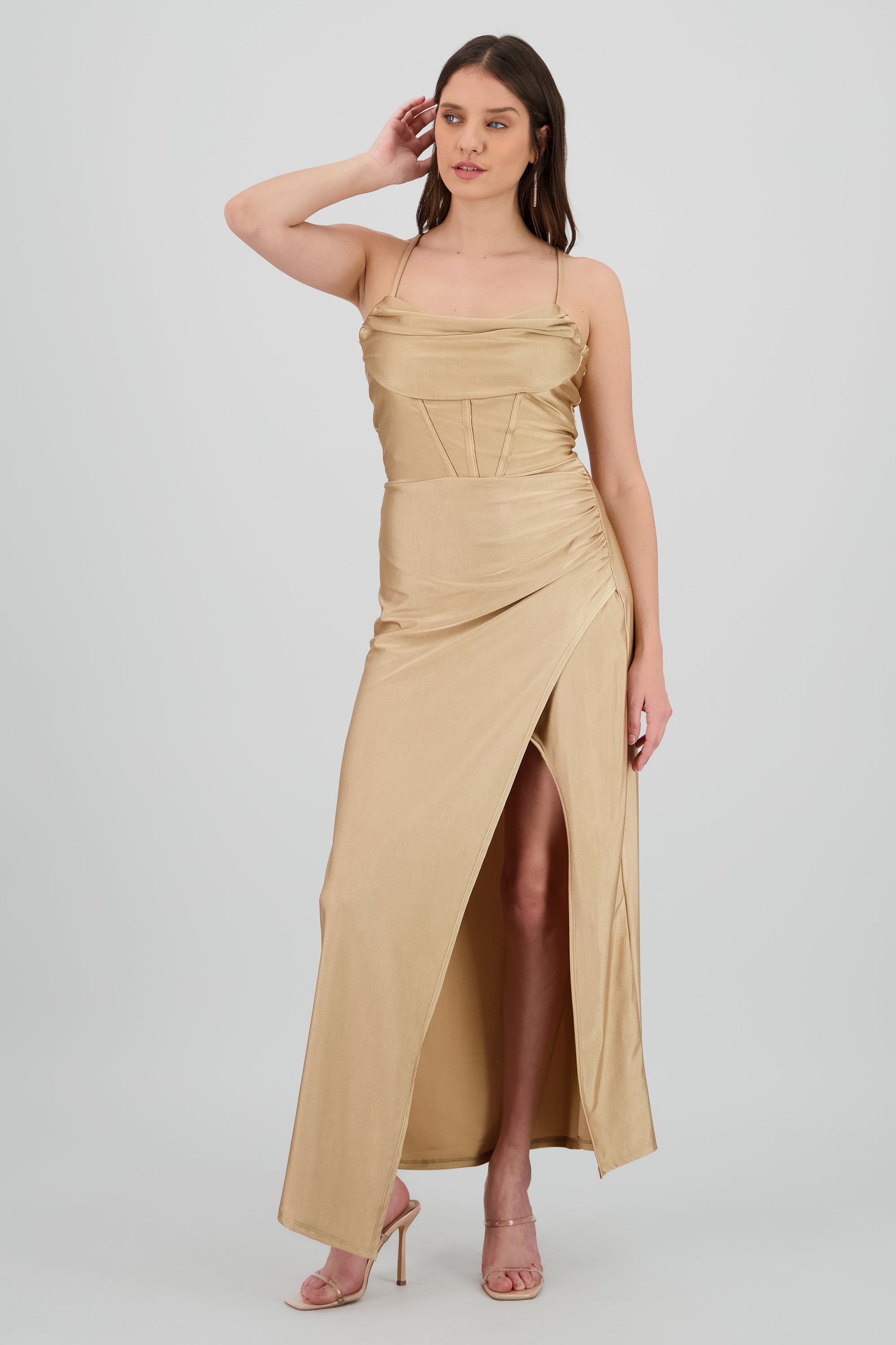 Vestido maxi tirantes drapeado BEIGE
