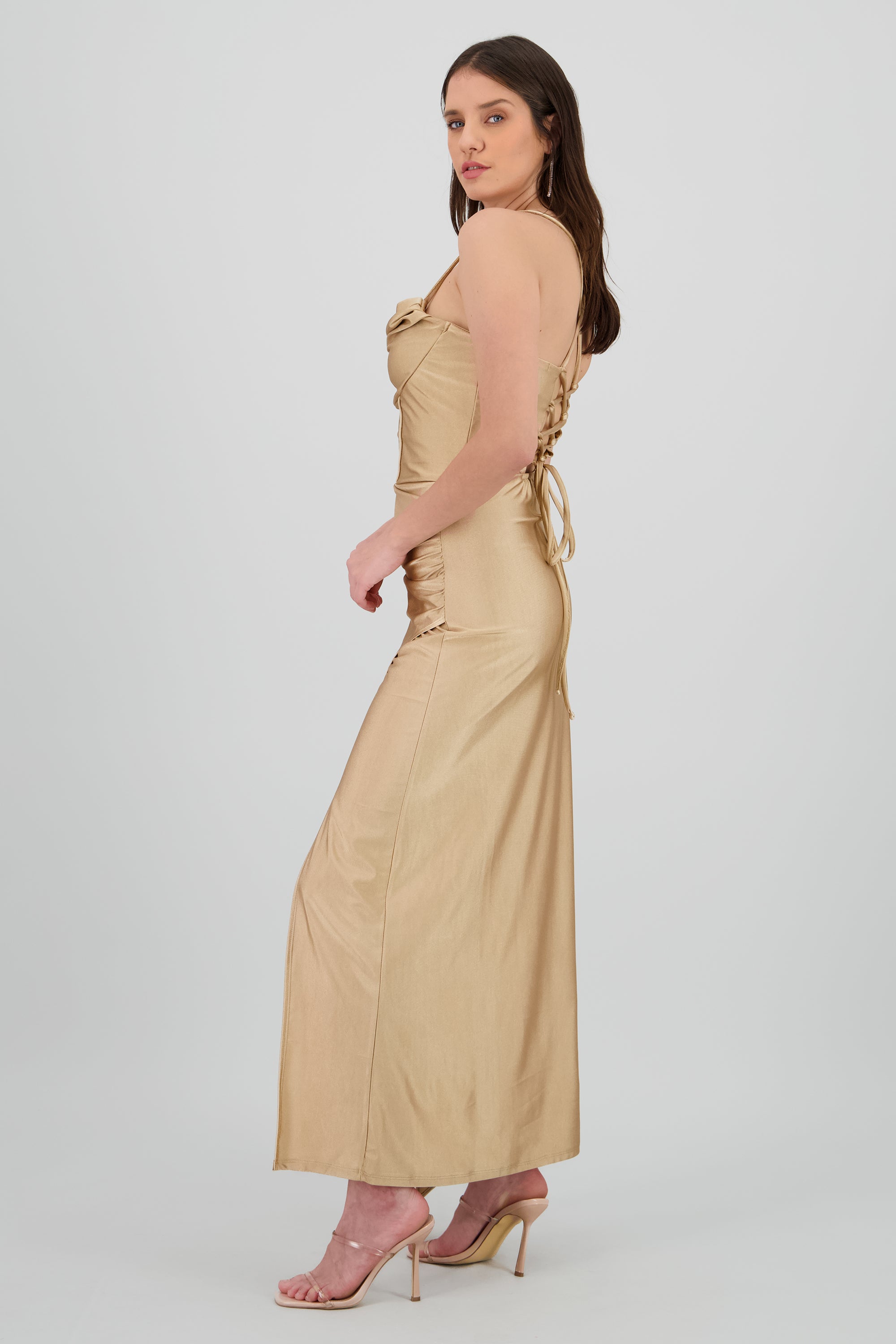 Vestido maxi tirantes drapeado BEIGE