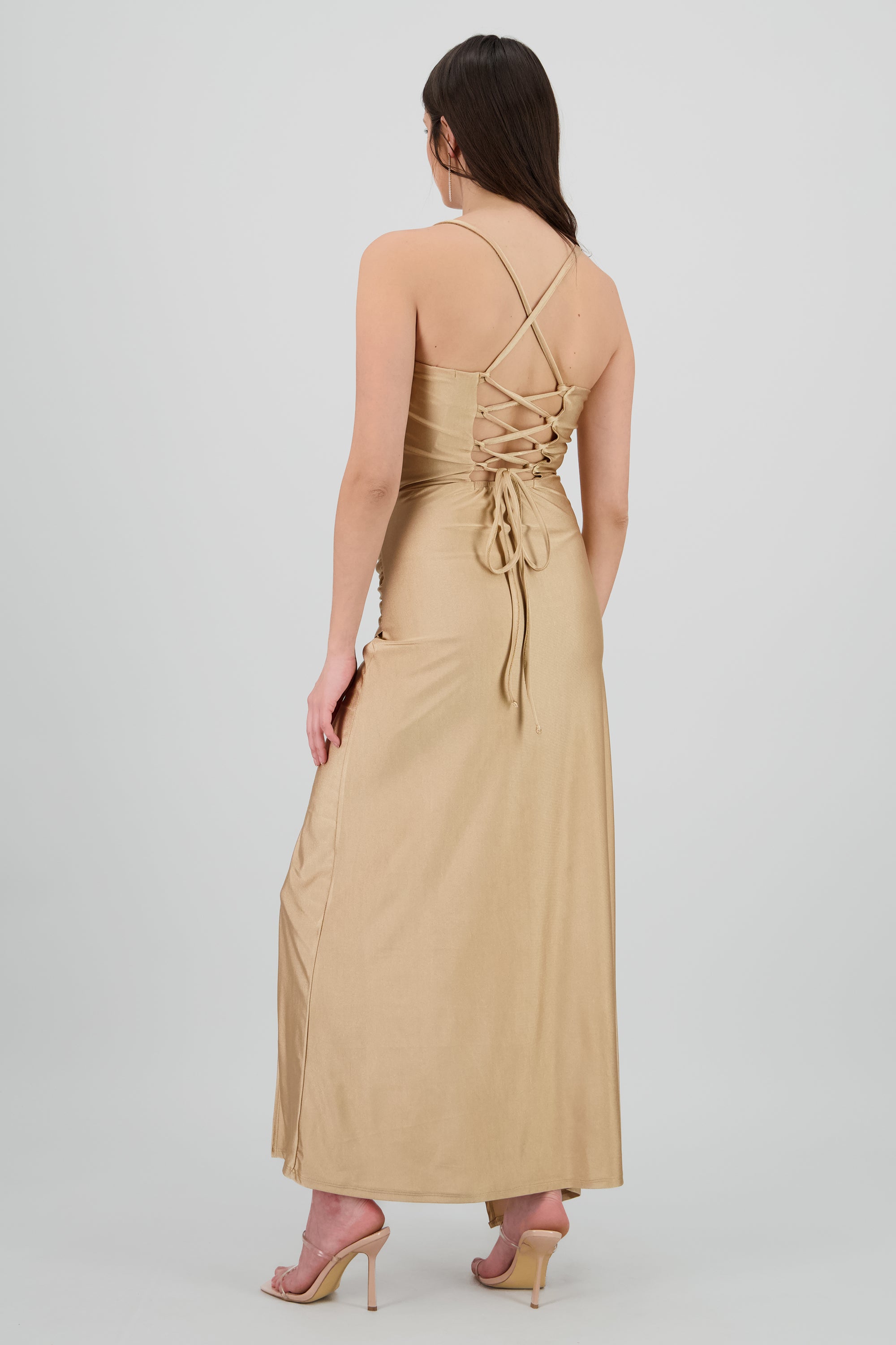 Vestido maxi tirantes drapeado BEIGE