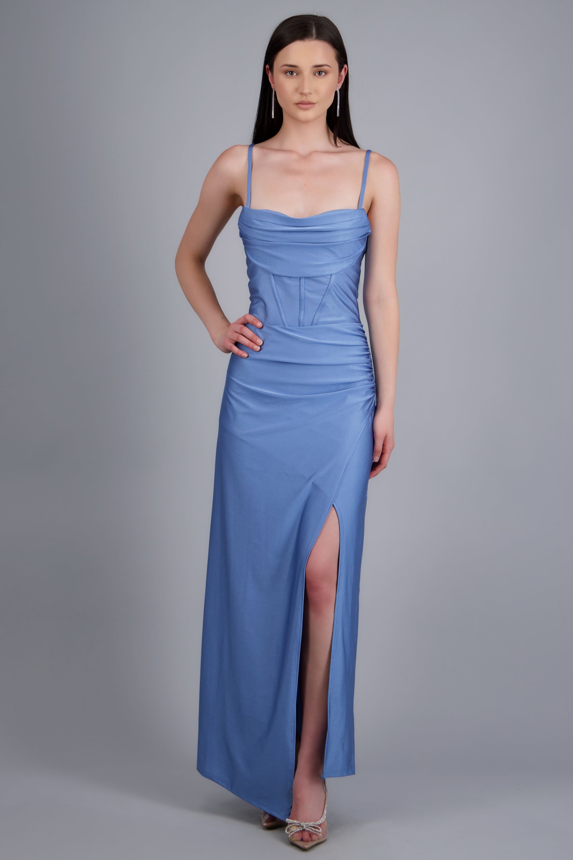 Vestido maxi tirantes drapeado AZUL PASTEL