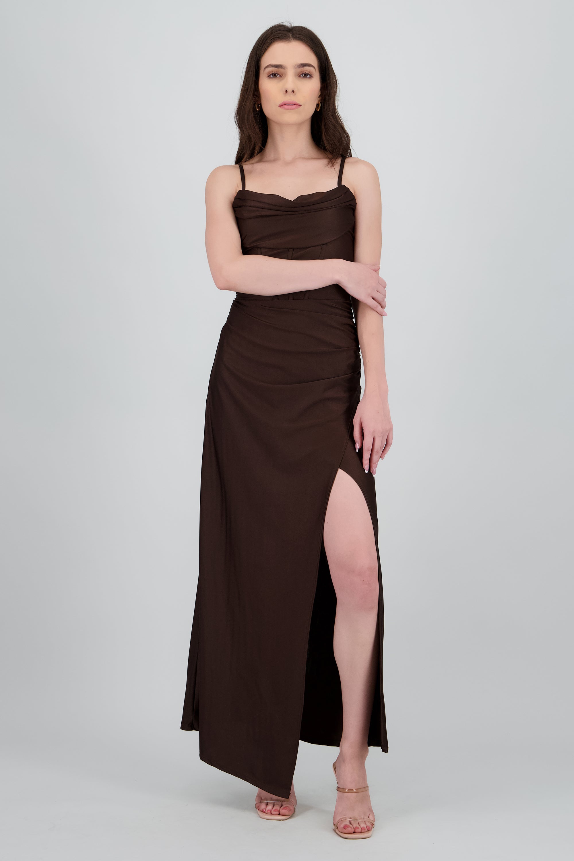 Vestido maxi tirantes drapeado CHOCOLATE
