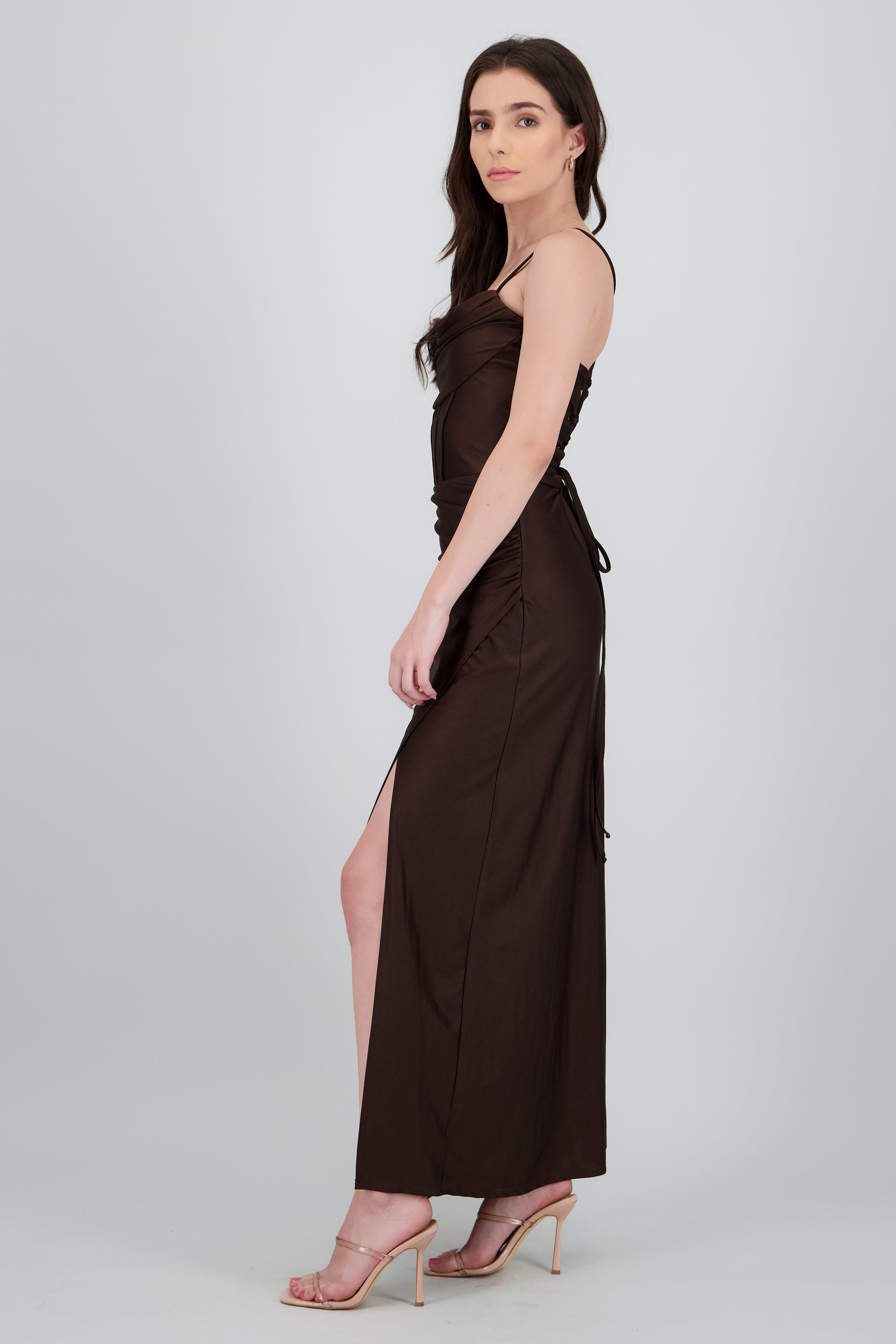 Vestido maxi tirantes drapeado CHOCOLATE
