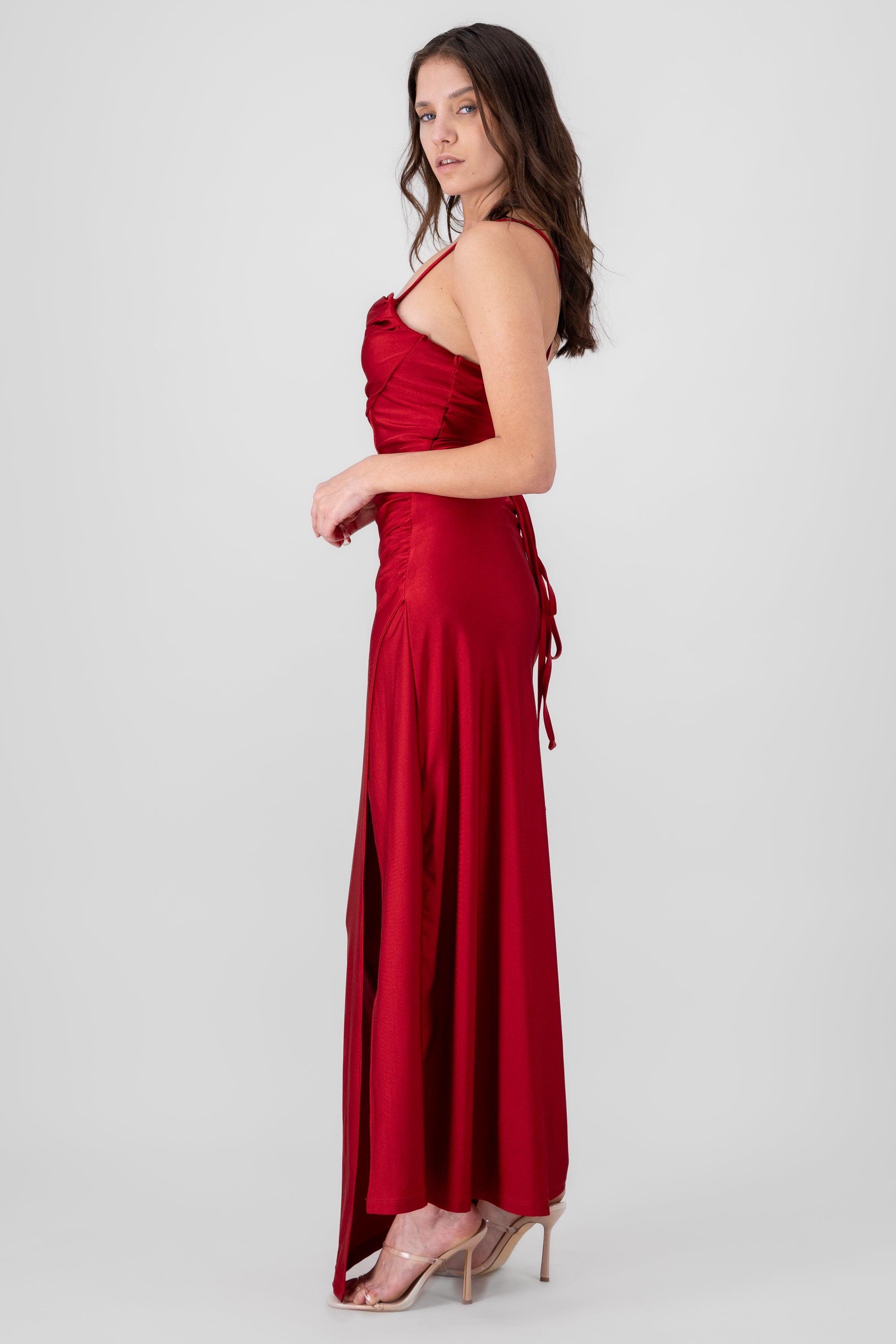 Vestido maxi tirantes drapeado ROJO