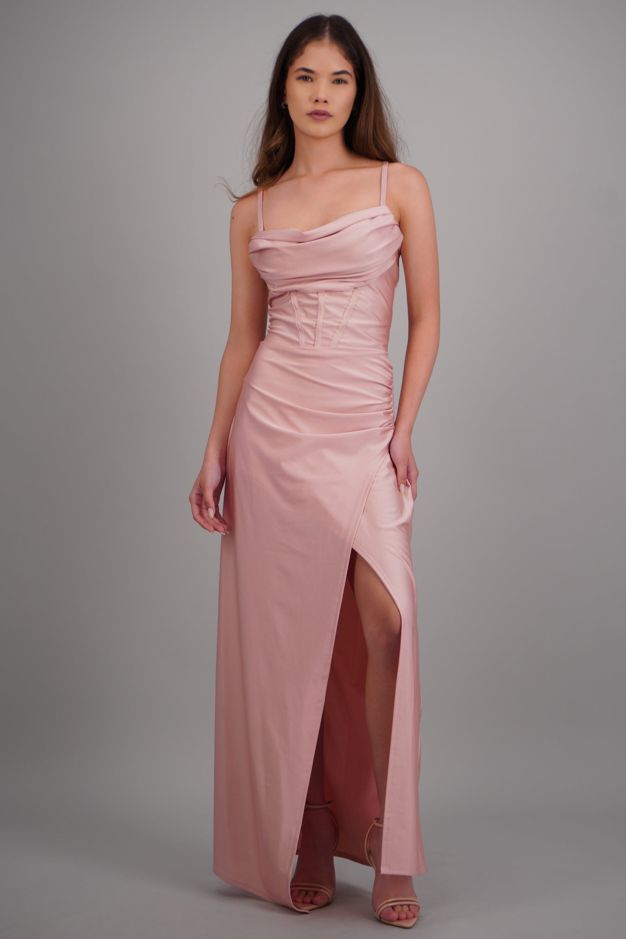 Vestido maxi tirantes drapeado ROSA PASTEL