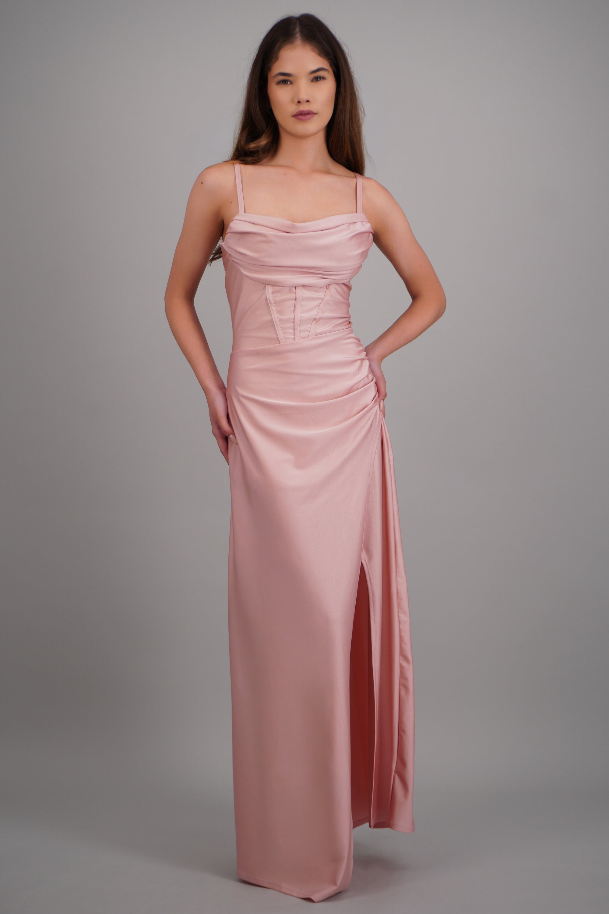 Vestido maxi tirantes drapeado ROSA PASTEL